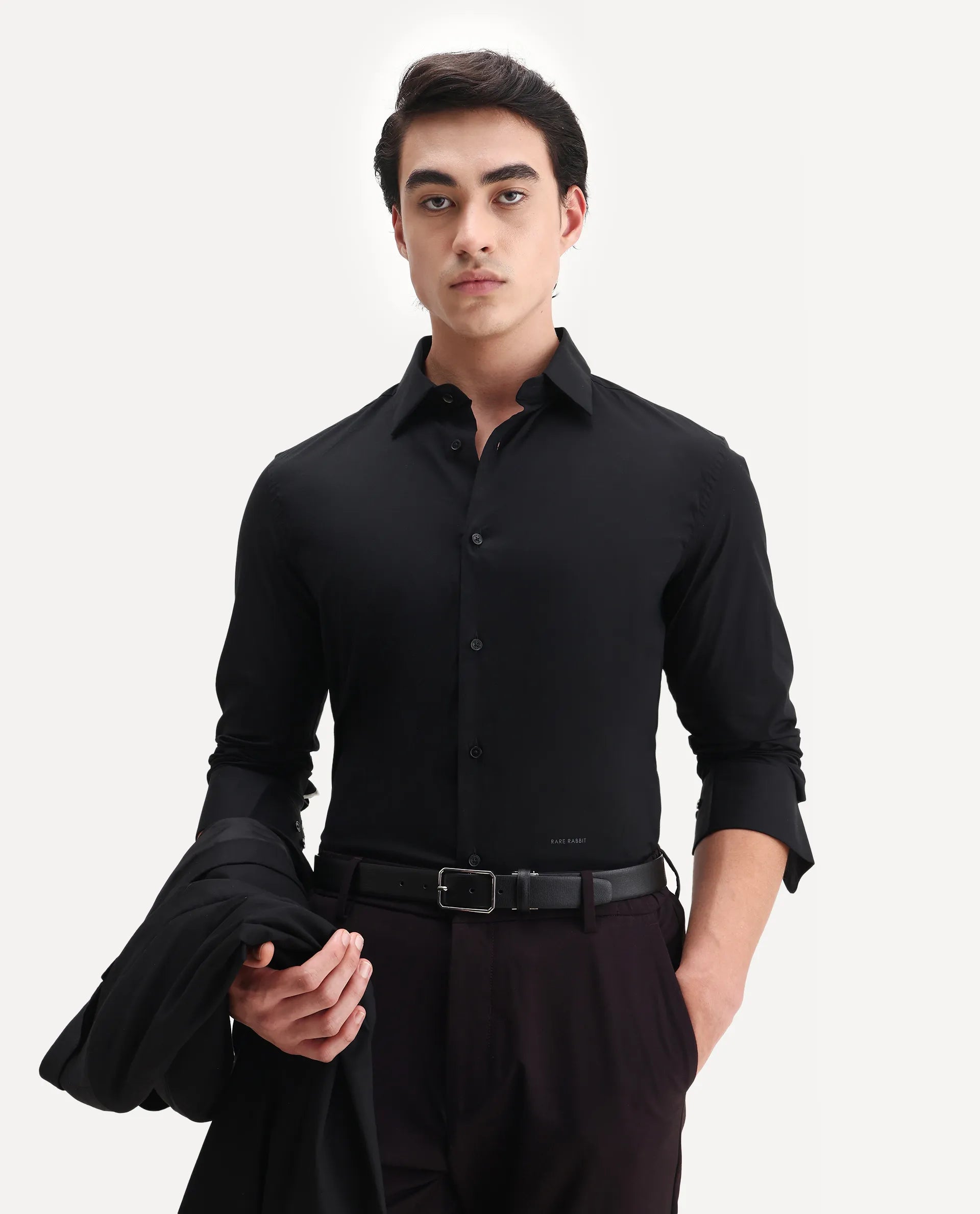 Rare Rabbit Men's Neutron8 Black Cotton Plain Regular Fit Full Sleeve Collared Shirt