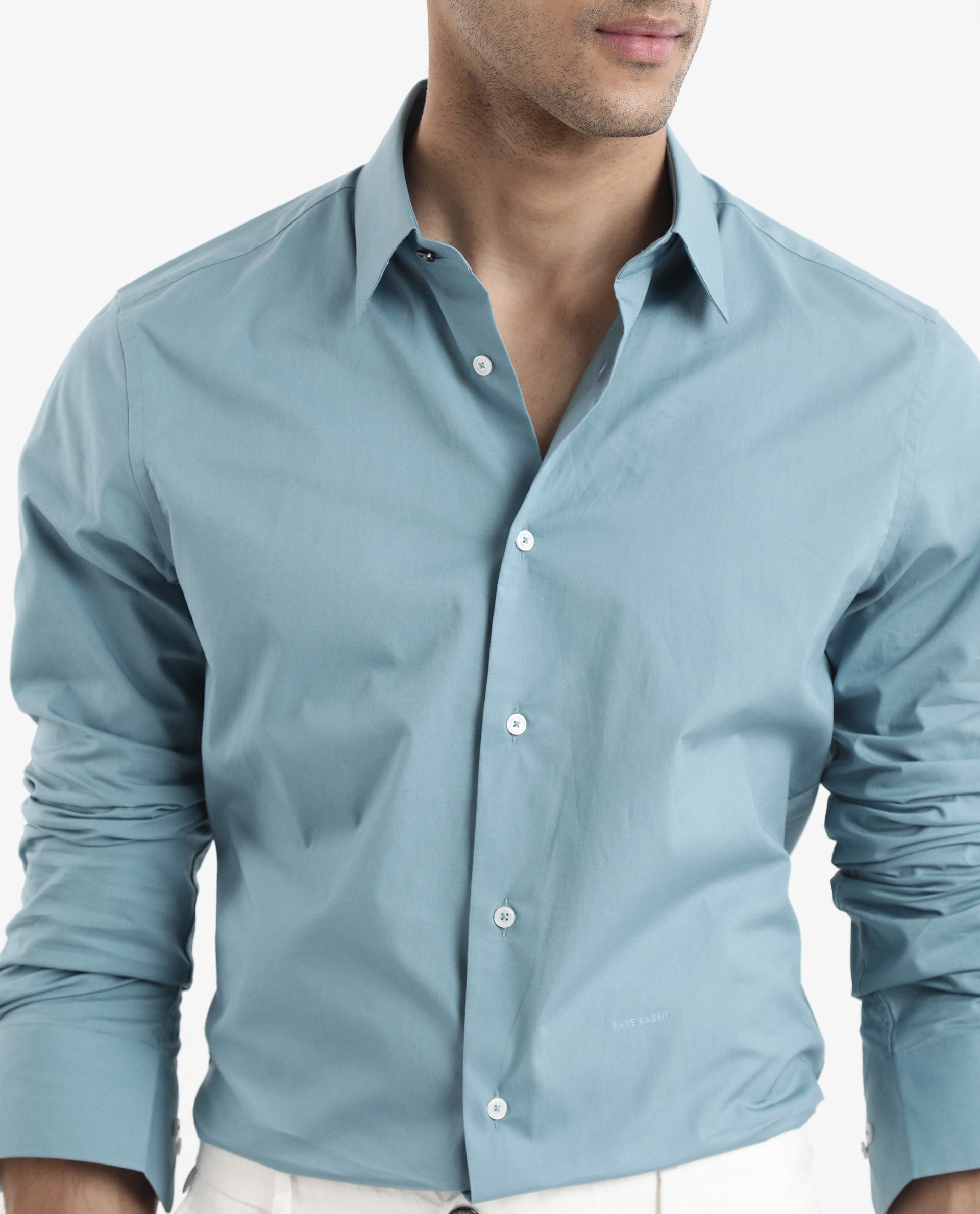 Rare Rabbit Men Neutron-9 Turq Cotton Fabric Full Sleeves Regular Fit Solid Shirt