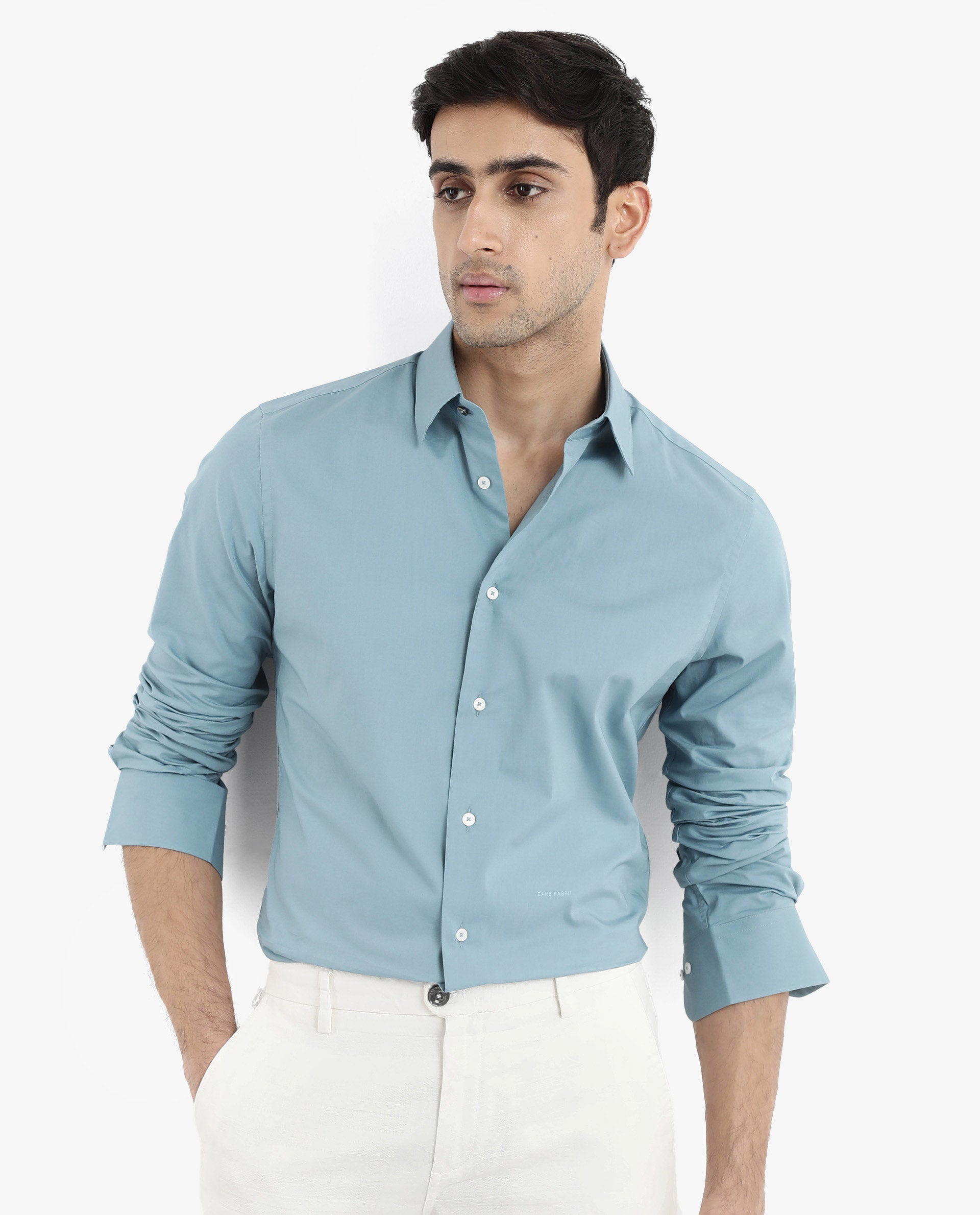 Rare Rabbit Men Neutron-9 Turq Cotton Fabric Full Sleeves Regular Fit Solid Shirt