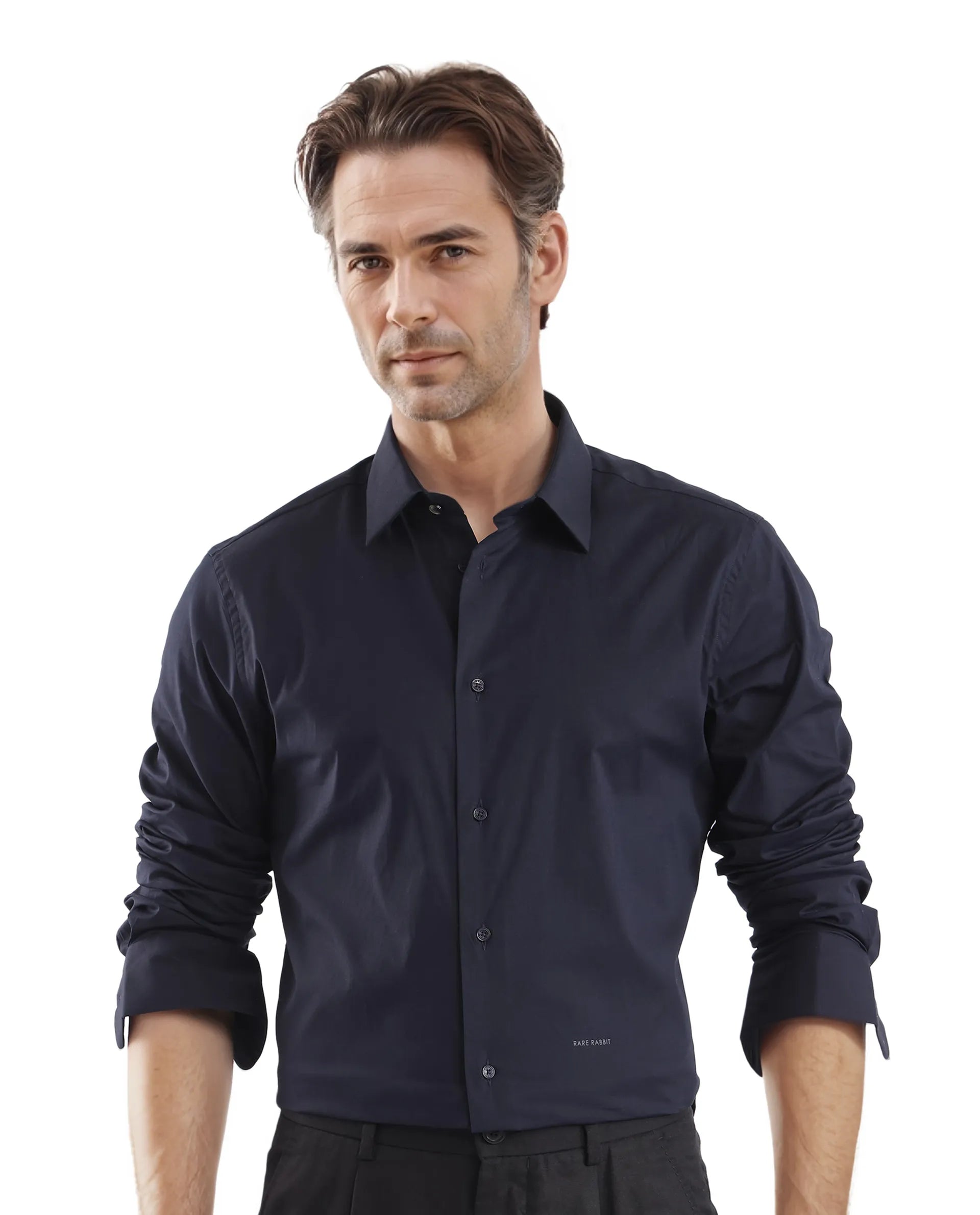 Rare Rabbit Men Neutron-Uni Navy Full Sleeve Collared Neck Button Closure Regular Fit Plain Shirt