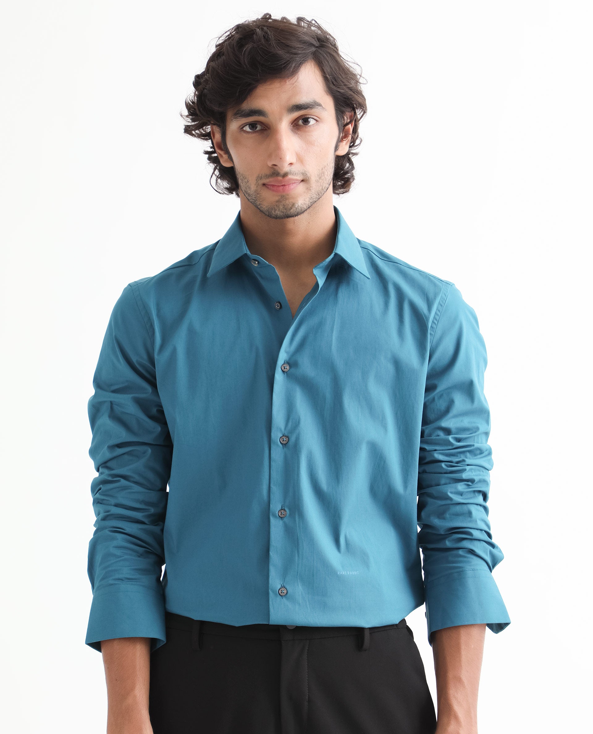 Rare Rabbit Men's Neutronss Petrol Cotton Polyester Fabric Full Sleeves Solid Shirt