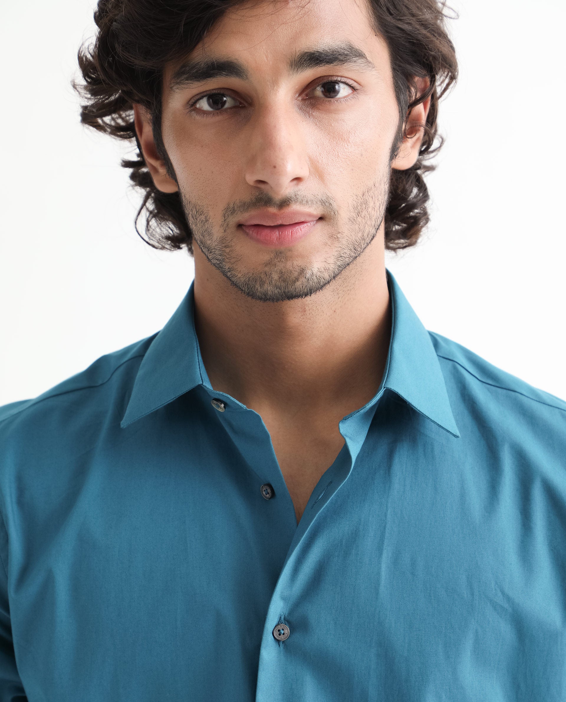 Rare Rabbit Men's Neutronss Petrol Cotton Polyester Fabric Full Sleeves Solid Shirt