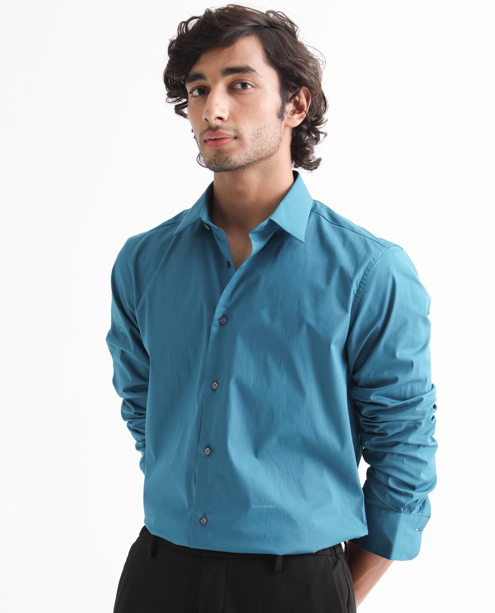 Rare Rabbit Men's Neutronss Petrol Cotton Polyester Fabric Full Sleeves Solid Shirt