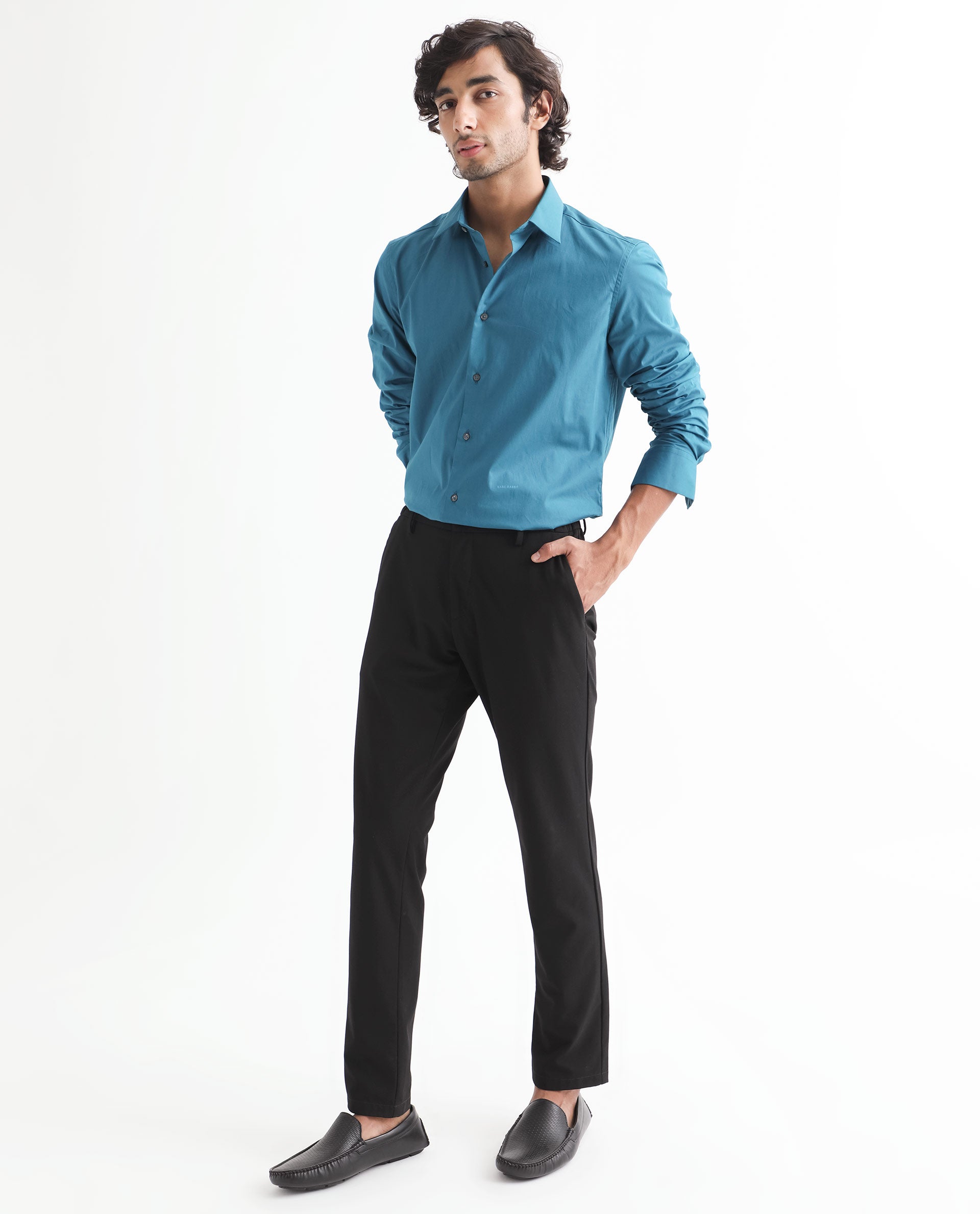 Rare Rabbit Men's Neutronss Petrol Cotton Polyester Fabric Full Sleeves Solid Shirt