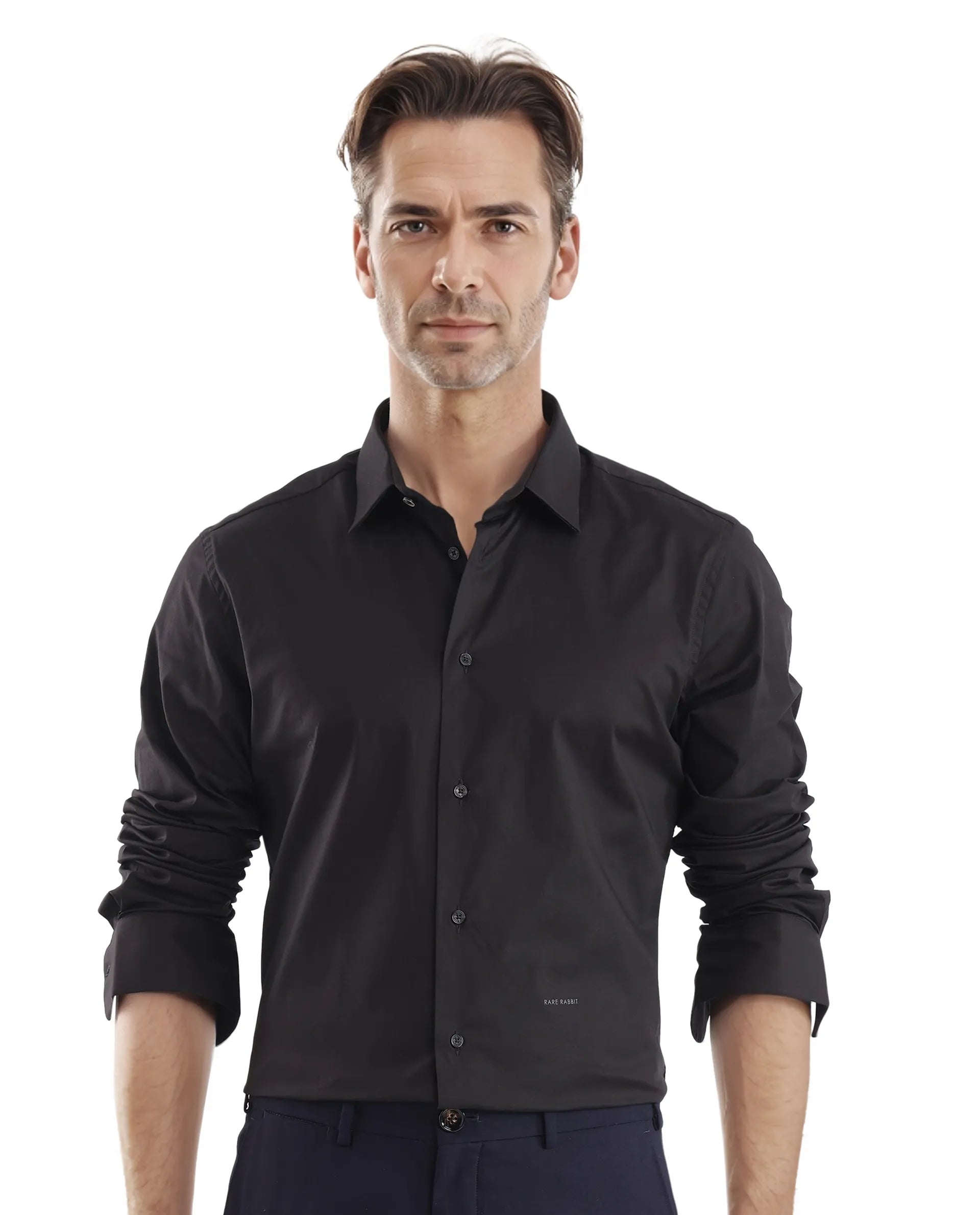 Rare Rabbit Men Neutron-Uni Black Cotton Spandex Blend Fabric Full Sleeves Regular Fit Solid Shirt