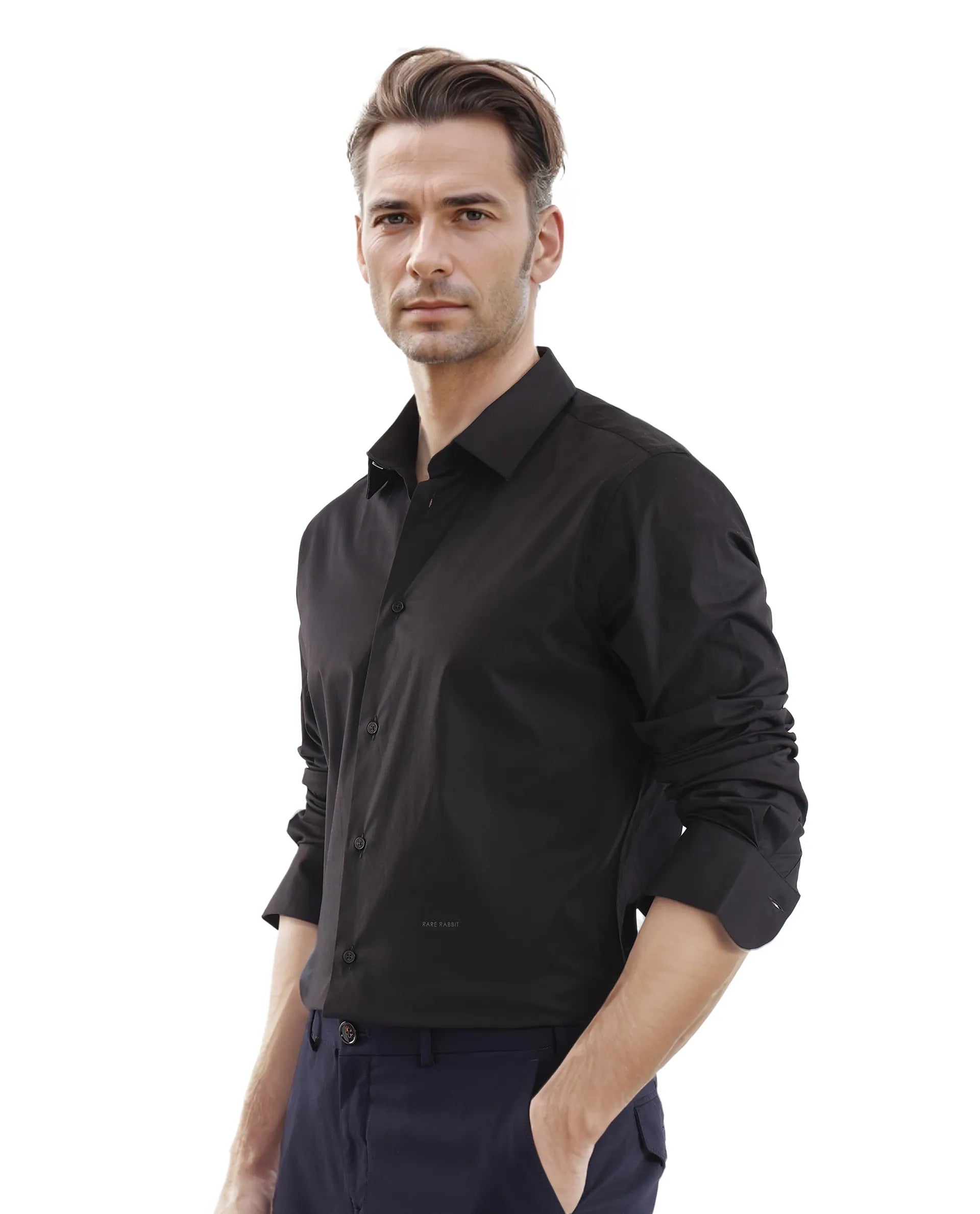 Rare Rabbit Men Neutron-Uni Black Cotton Spandex Blend Fabric Full Sleeves Regular Fit Solid Shirt
