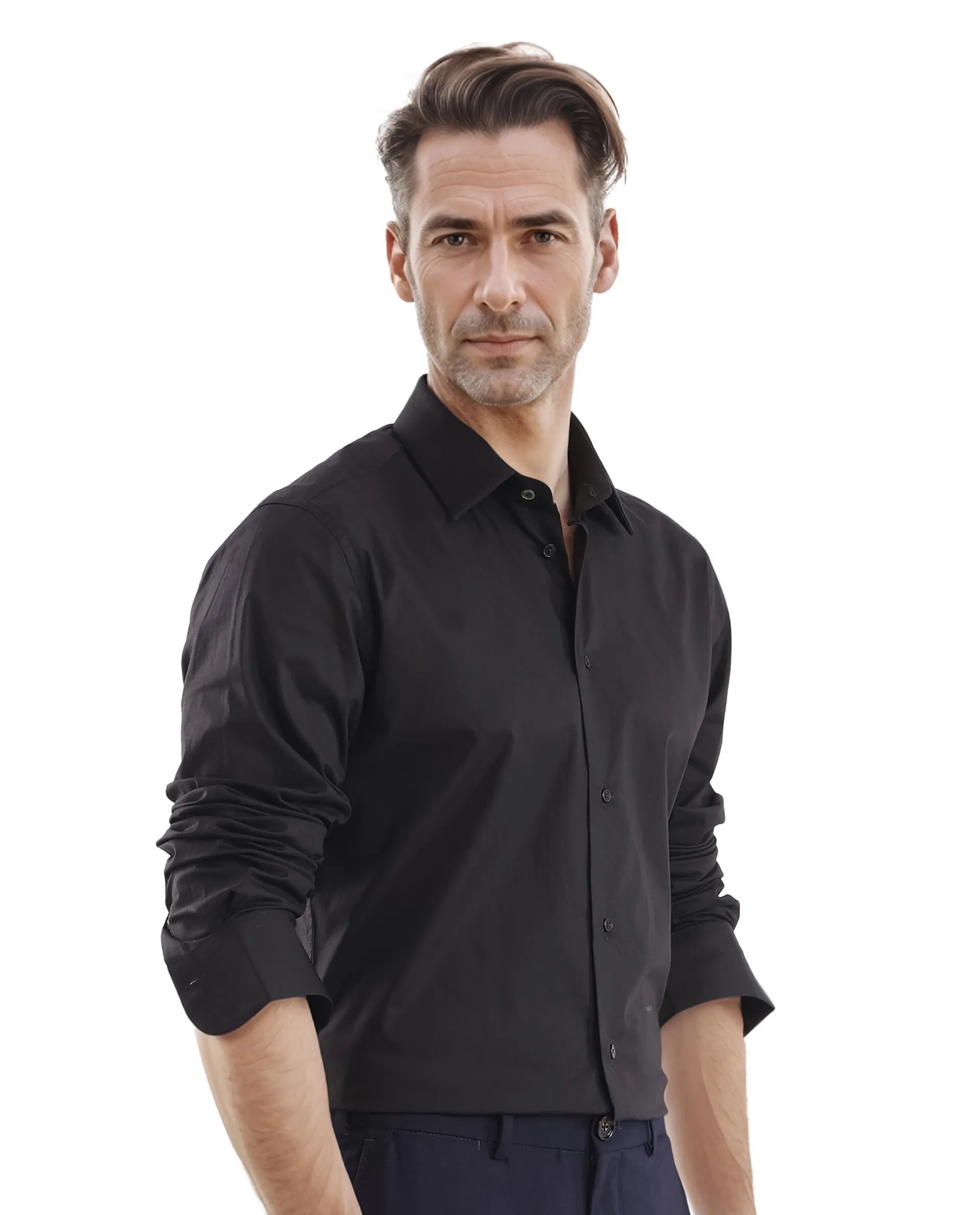 Rare Rabbit Men Neutron-Uni Black Cotton Spandex Blend Fabric Full Sleeves Regular Fit Solid Shirt