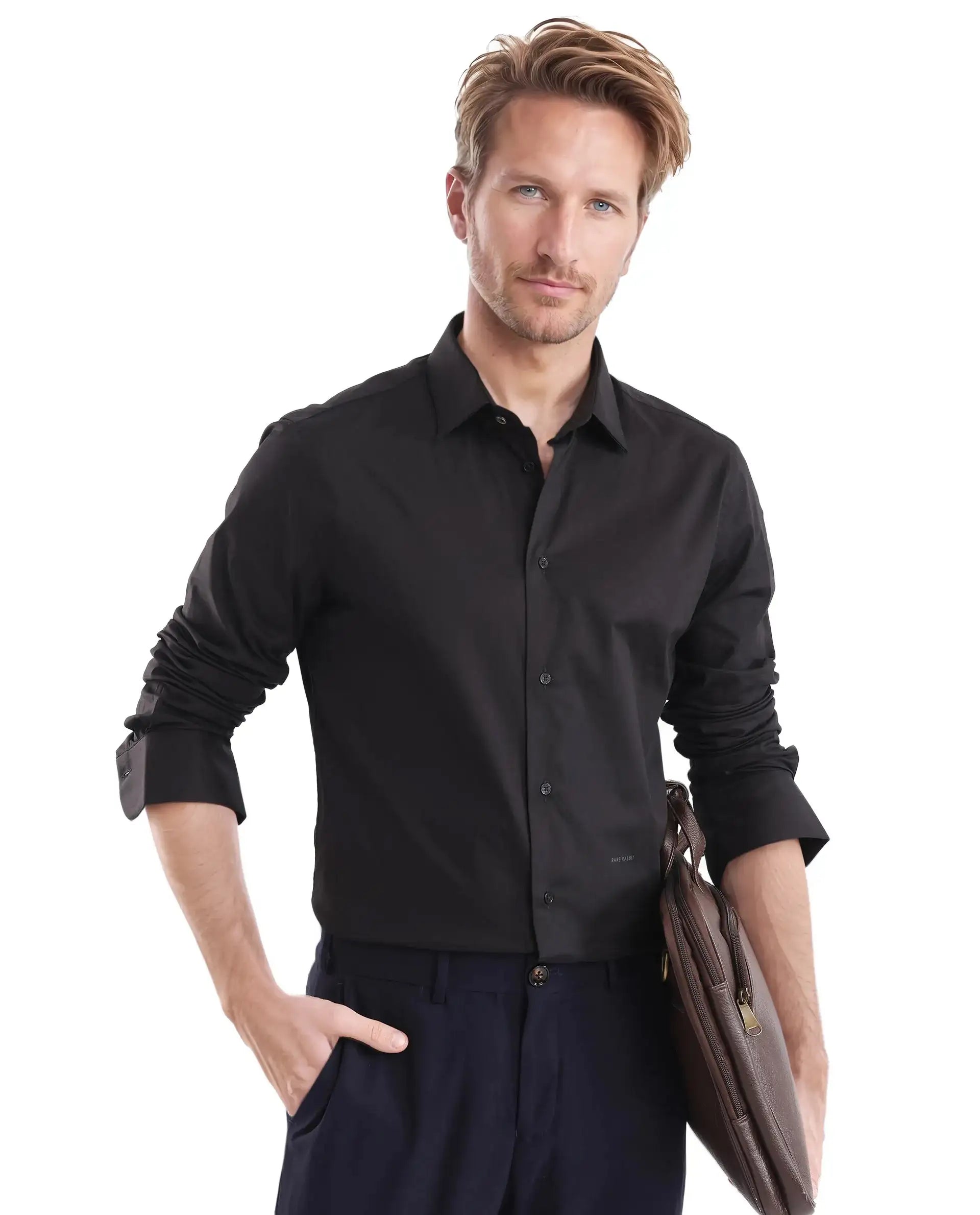 Rare Rabbit Men Neutron-Uni Black Cotton Spandex Blend Fabric Full Sleeves Regular Fit Solid Shirt