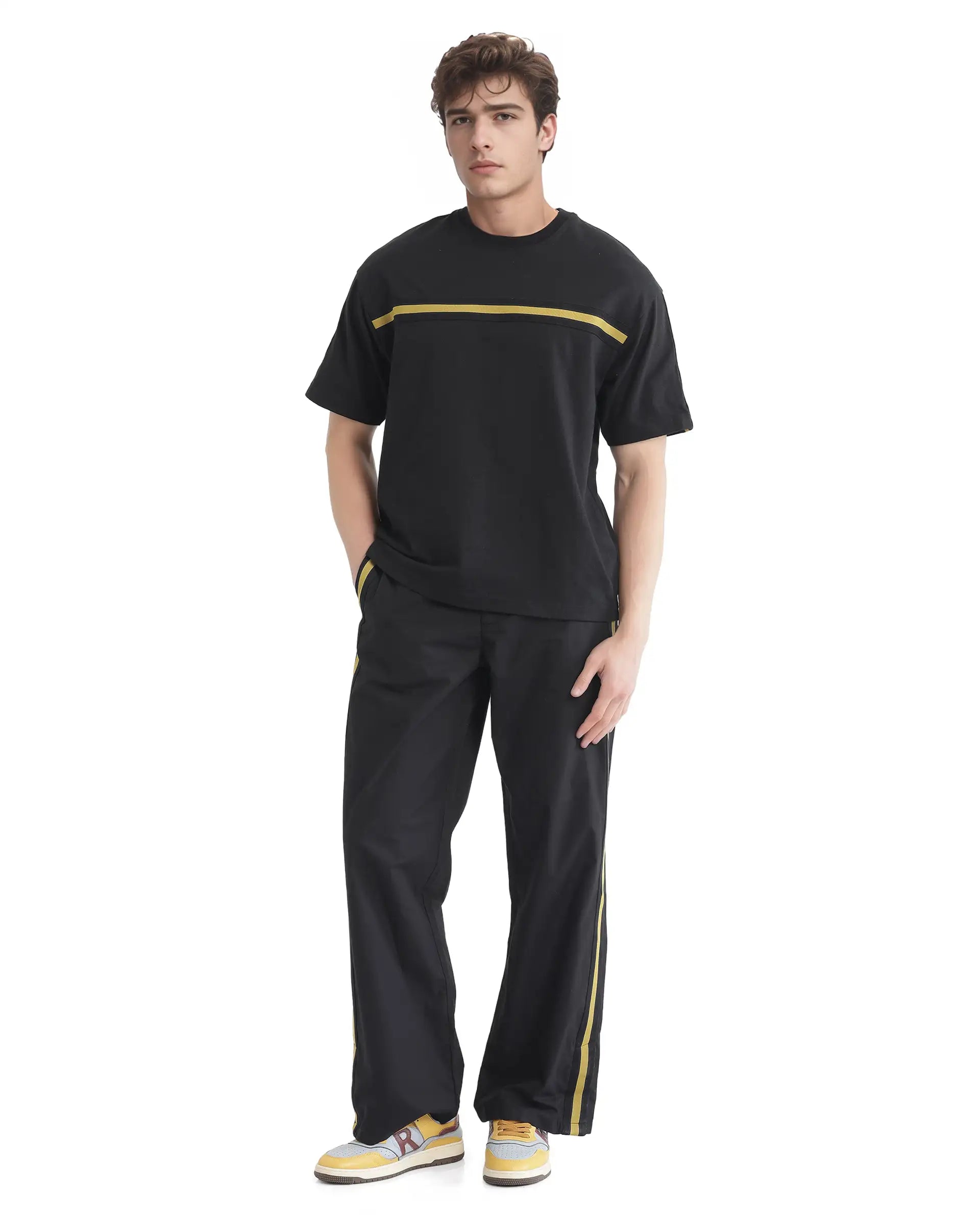 Rare Rabbit Men Newnon-T Black  Cotton Fabric Short Sleeves Tape Detailed Boxy Fit Crew Neck Plain T-Shirt