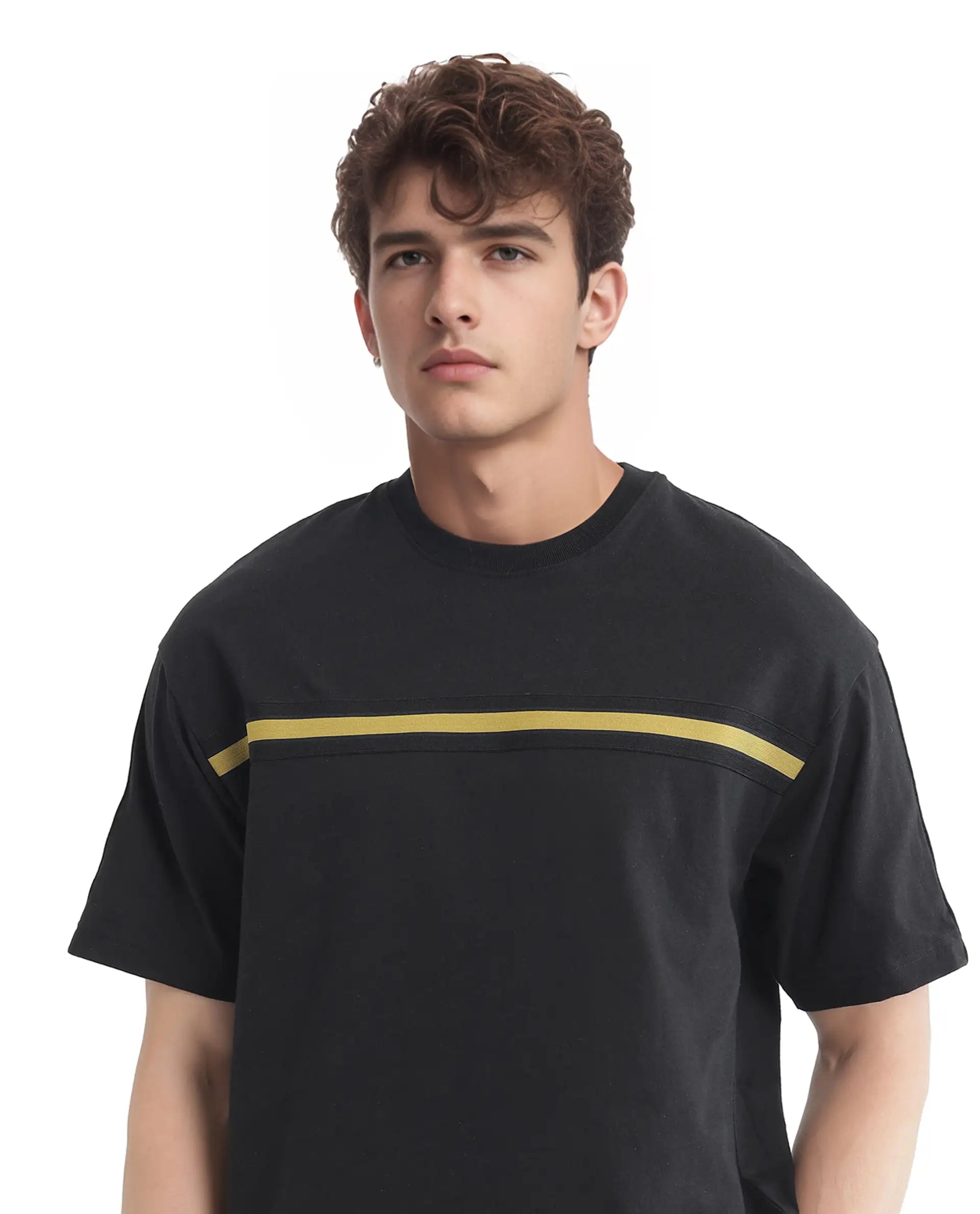 Rare Rabbit Men Newnon-T Black  Cotton Fabric Short Sleeves Tape Detailed Boxy Fit Crew Neck Plain T-Shirt