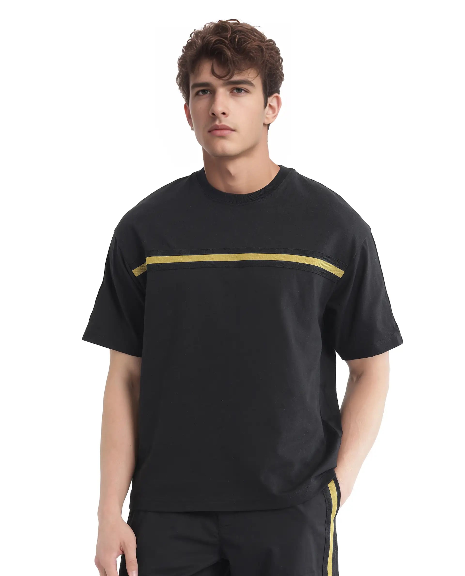 Rare Rabbit Men Newnon-T Black  Cotton Fabric Short Sleeves Tape Detailed Boxy Fit Crew Neck Plain T-Shirt