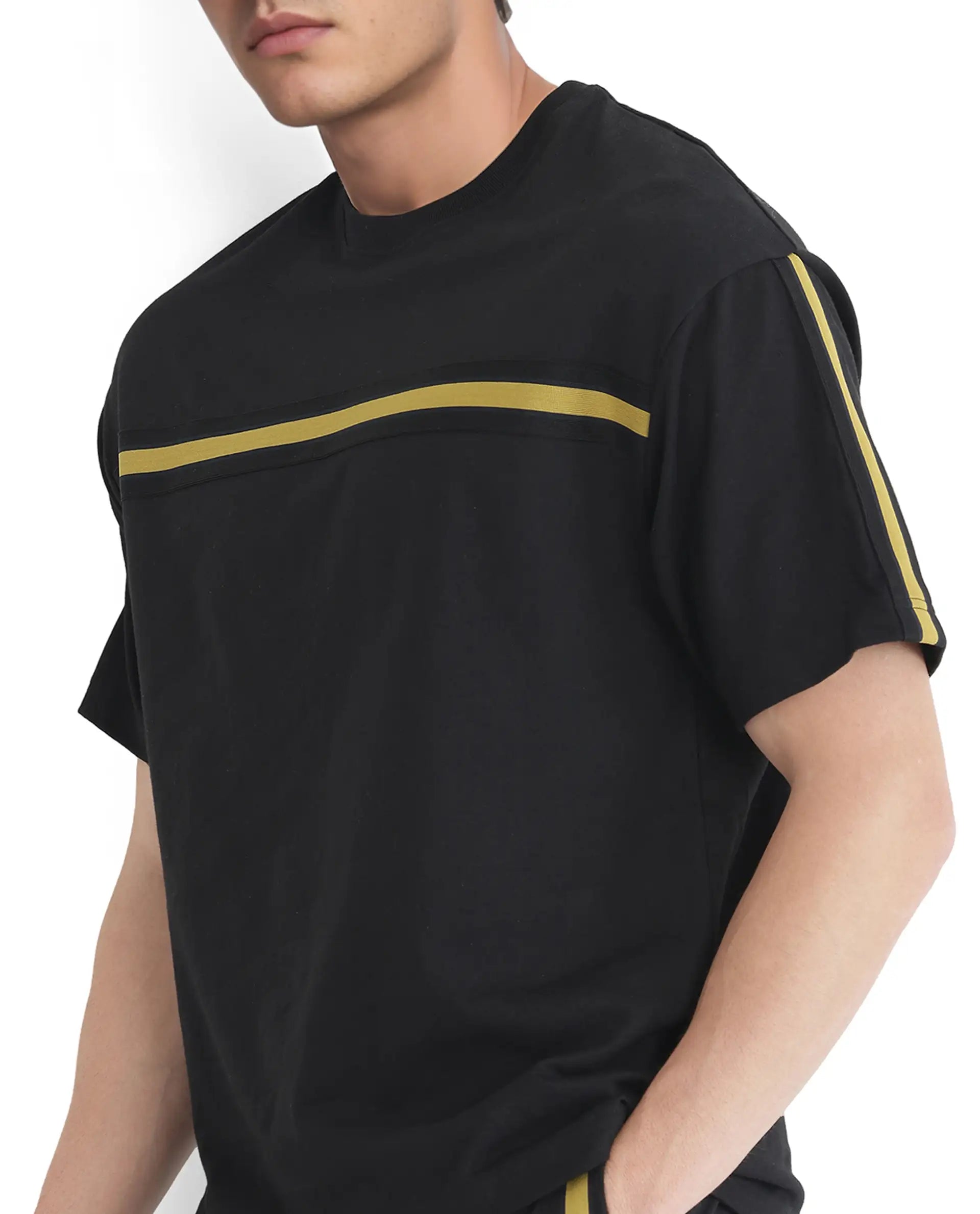 Rare Rabbit Men Newnon-T Black  Cotton Fabric Short Sleeves Tape Detailed Boxy Fit Crew Neck Plain T-Shirt