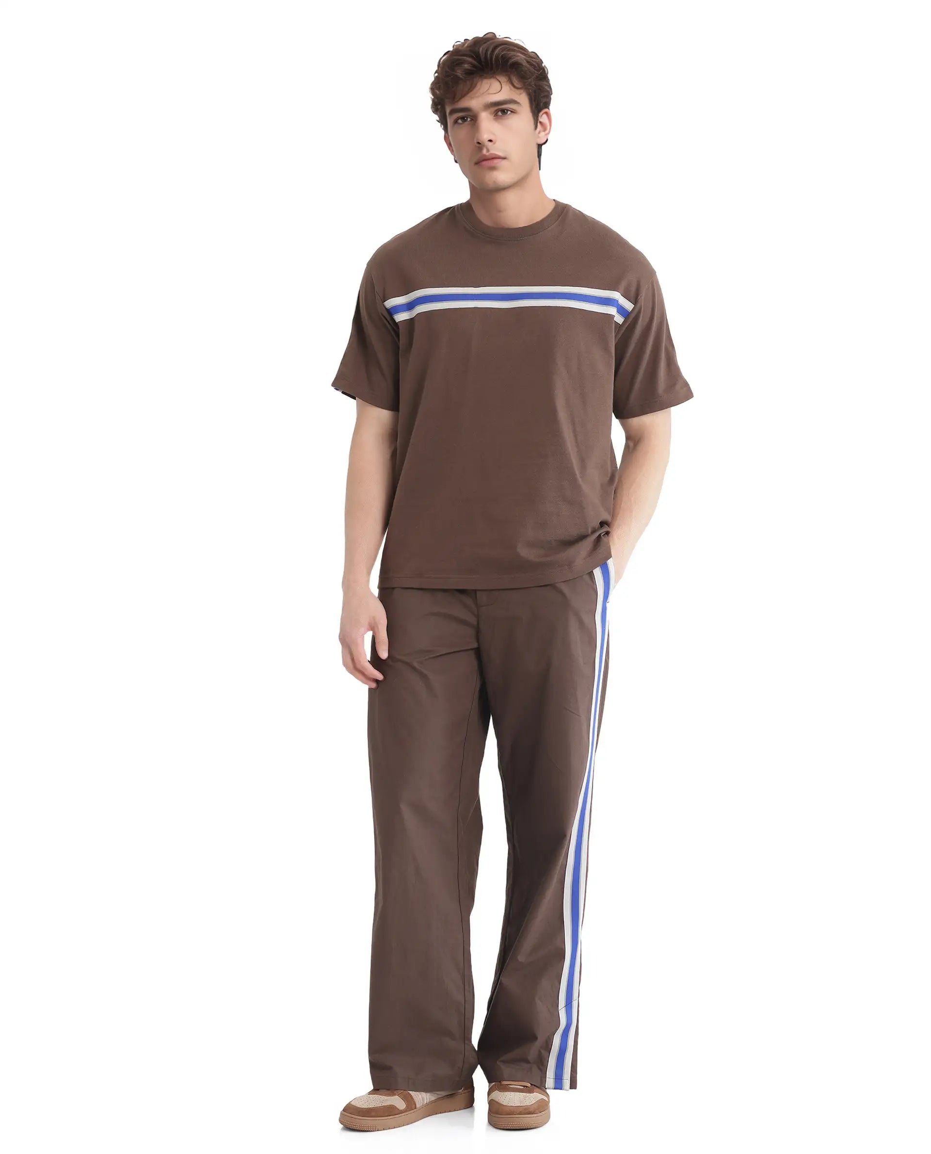 Rare Rabbit Men Newnon-T Brown Cotton Fabric Short Sleeves Tape Detailed Boxy Fit Crew Neck Plain T-Shirt