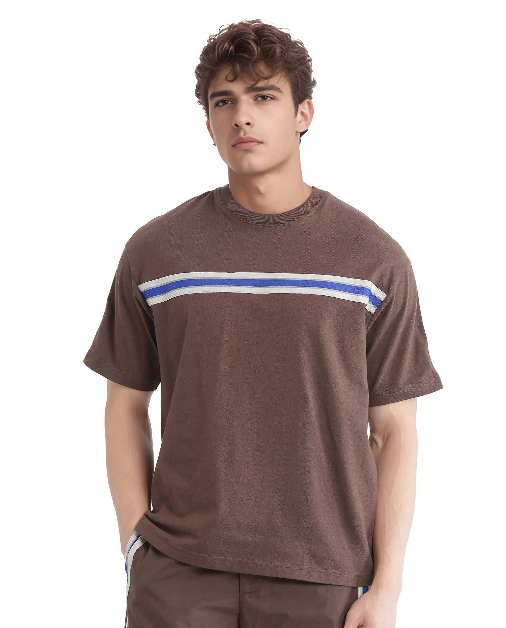 Rare Rabbit Men Newnon-T Brown Cotton Fabric Short Sleeves Tape Detailed Boxy Fit Crew Neck Plain T-Shirt