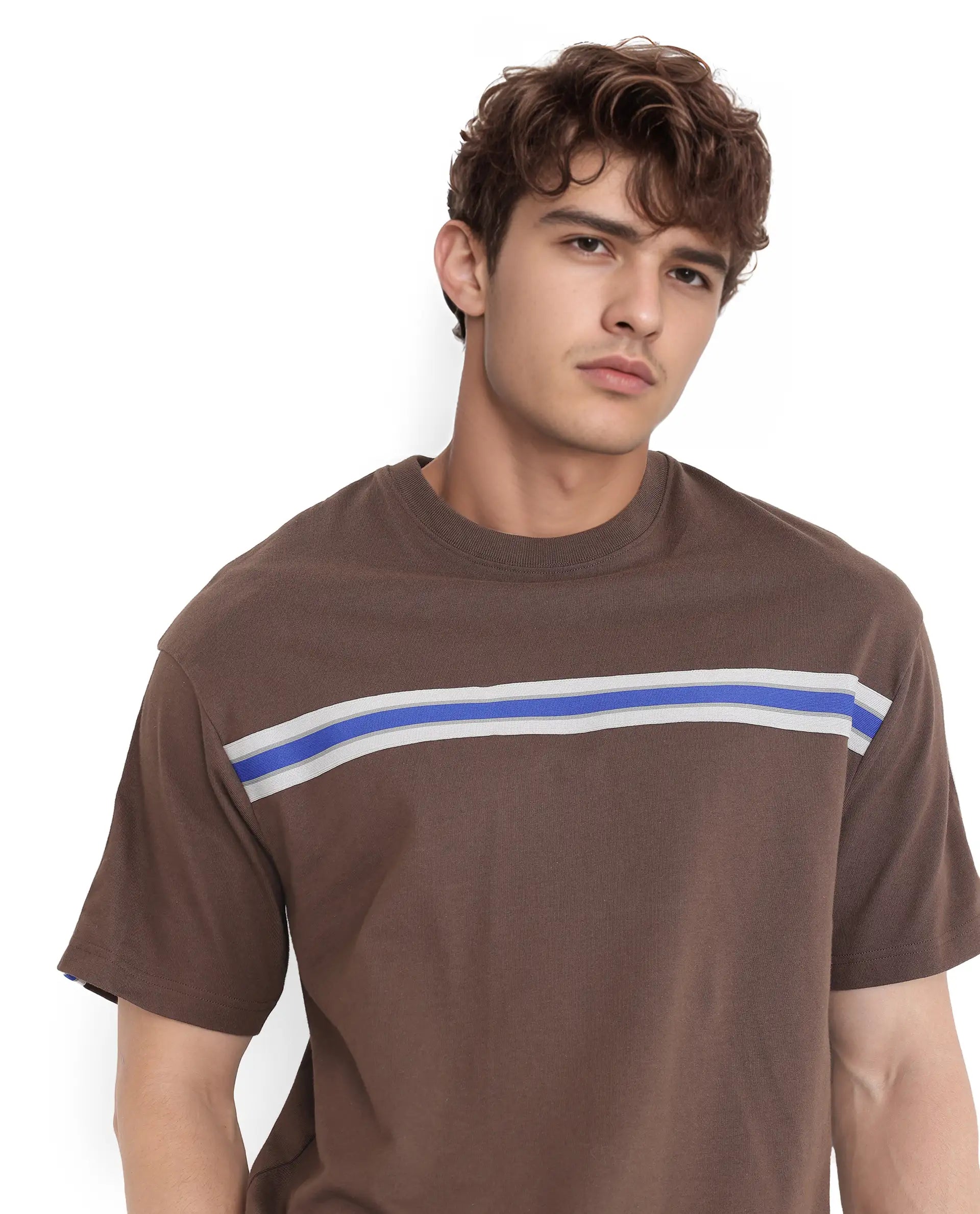 Rare Rabbit Men Newnon-T Brown Cotton Fabric Short Sleeves Tape Detailed Boxy Fit Crew Neck Plain T-Shirt