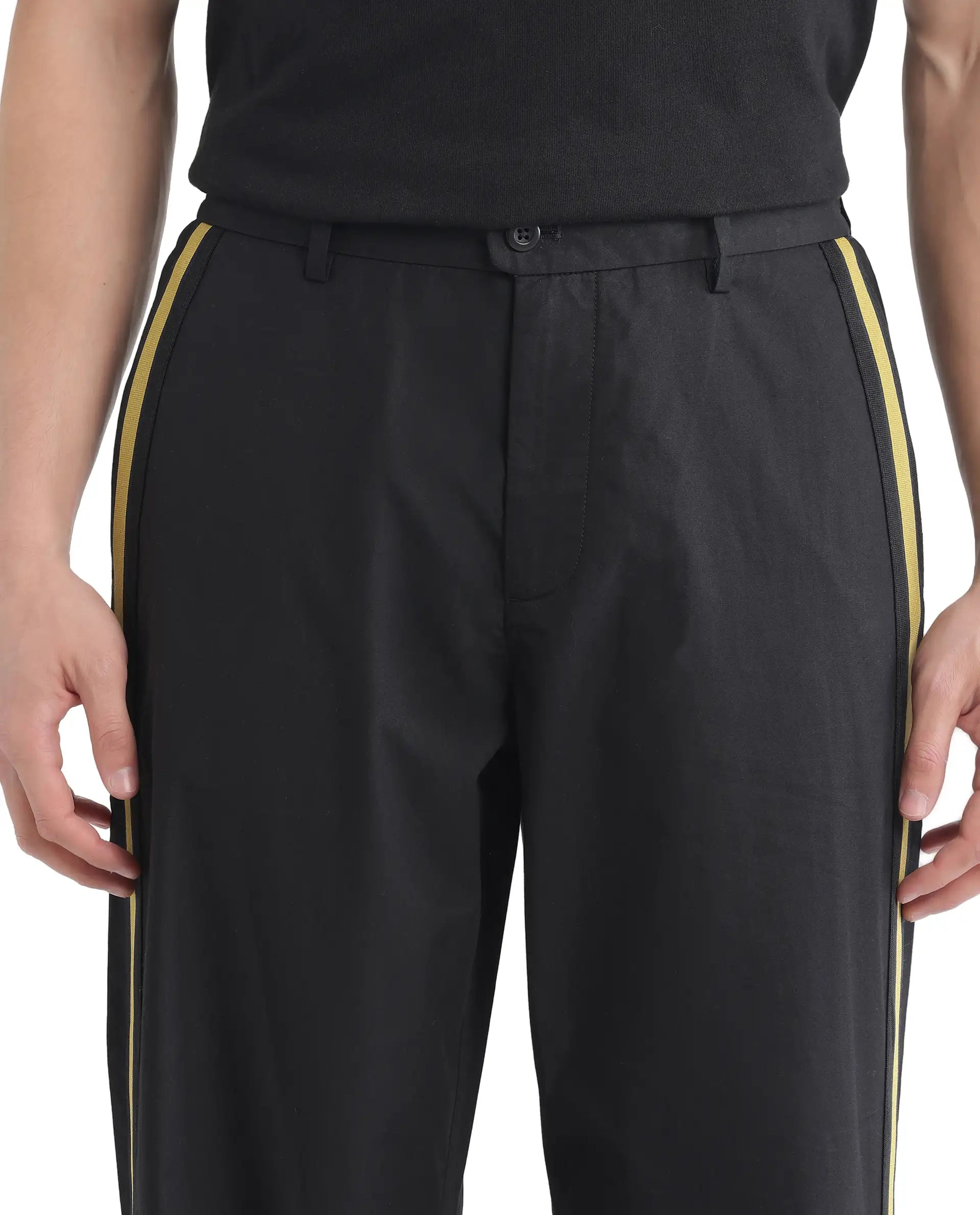 Rare Rabbit Men Newnon Black Cotton Fabric Mid Rise Baggy Fit Side Slit with Snap Button Closure Tape Detailing Track Pant