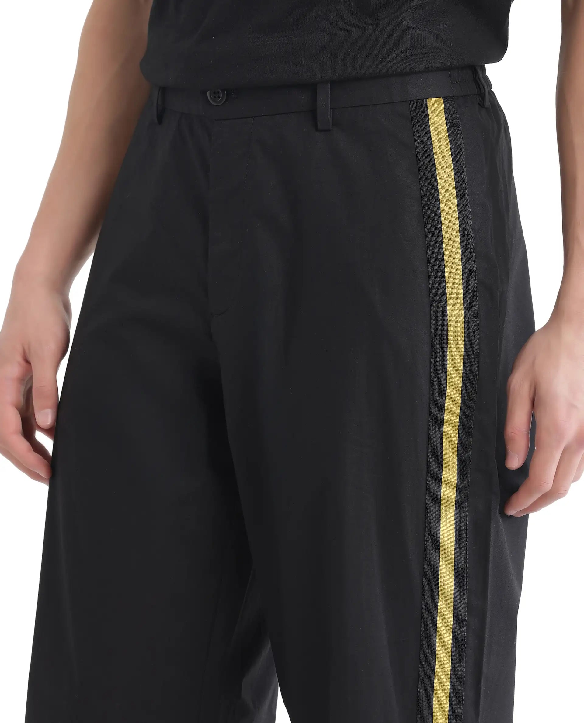 Rare Rabbit Men Newnon Black Cotton Fabric Mid Rise Baggy Fit Side Slit with Snap Button Closure Tape Detailing Track Pant