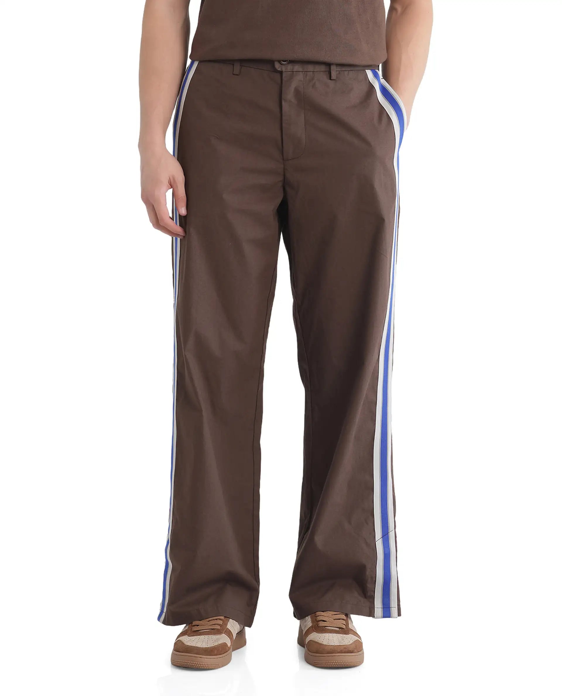 Rare Rabbit Men Newnon Brown Cotton Fabric Mid Rise Baggy Fit Side Slit with Snap Button Closure Tape Detailing Track Pant