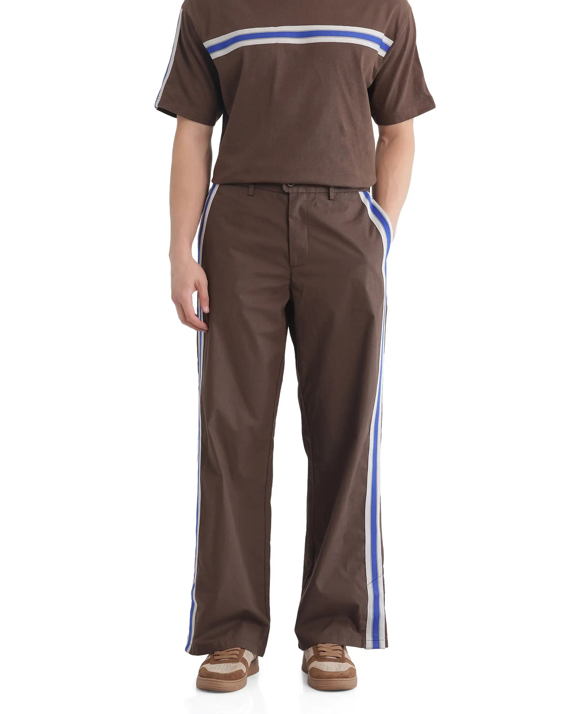 Rare Rabbit Men Newnon Brown Cotton Fabric Mid Rise Baggy Fit Side Slit with Snap Button Closure Tape Detailing Track Pant