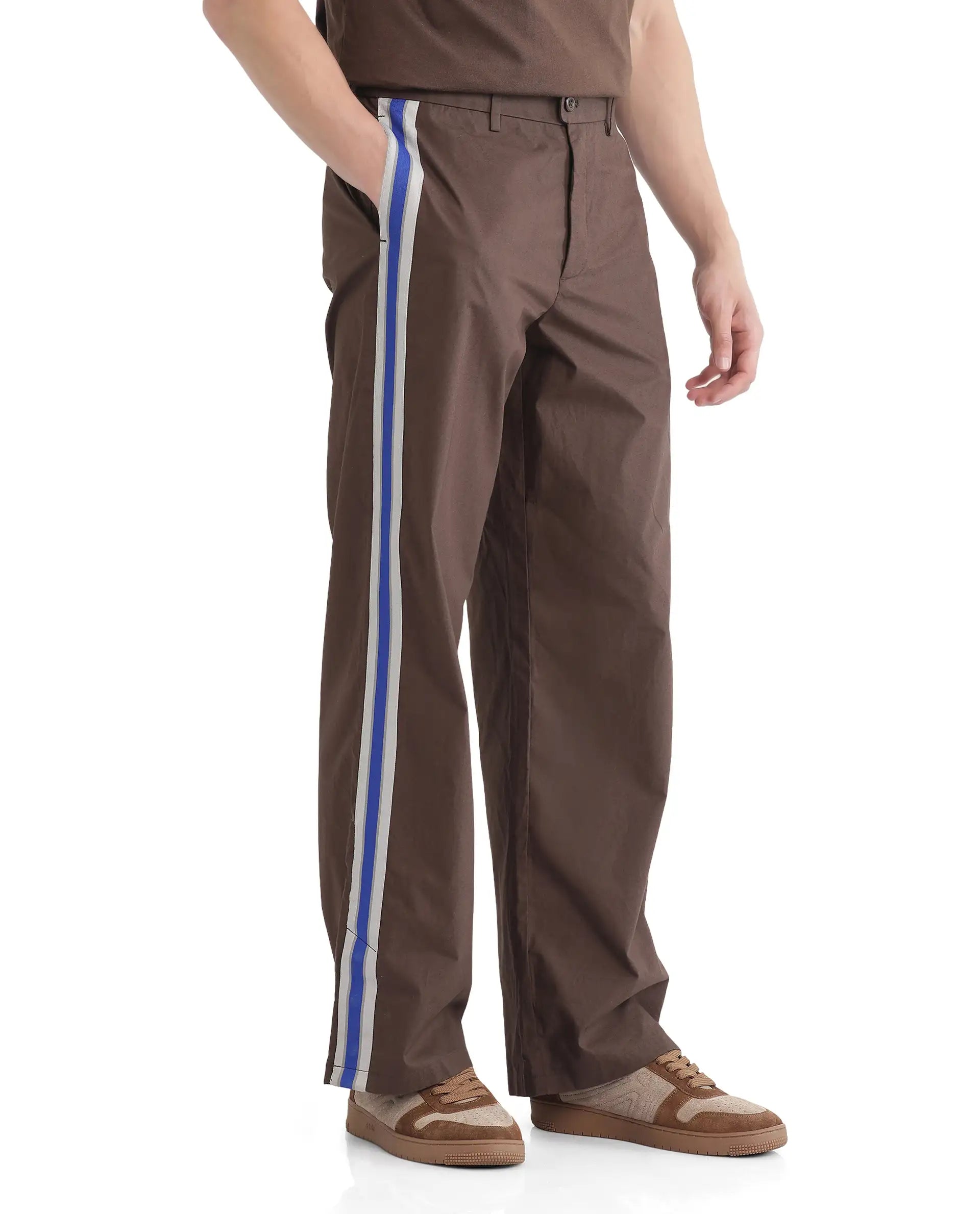 Rare Rabbit Men Newnon Brown Cotton Fabric Mid Rise Baggy Fit Side Slit with Snap Button Closure Tape Detailing Track Pant