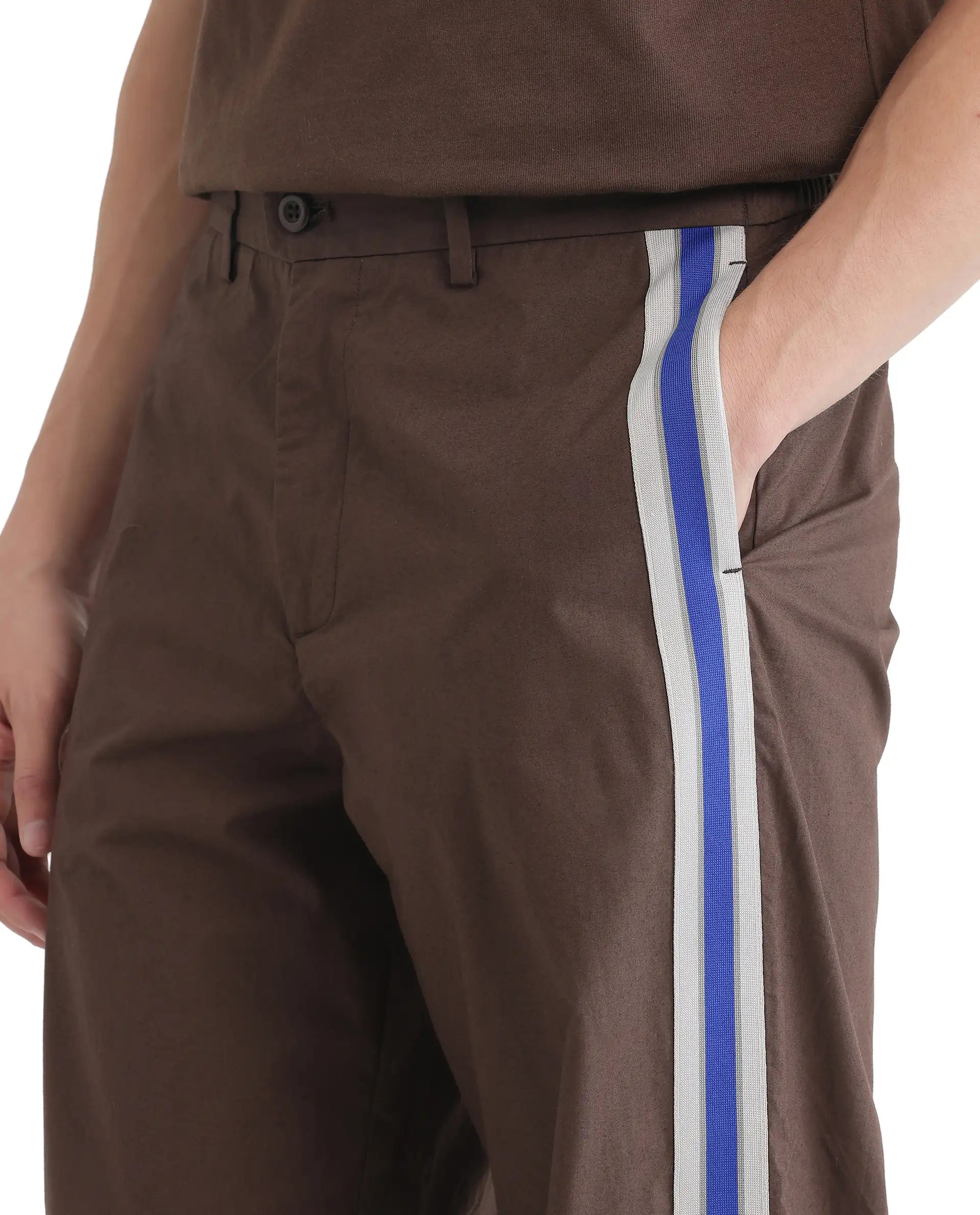 Rare Rabbit Men Newnon Brown Cotton Fabric Mid Rise Baggy Fit Side Slit with Snap Button Closure Tape Detailing Track Pant