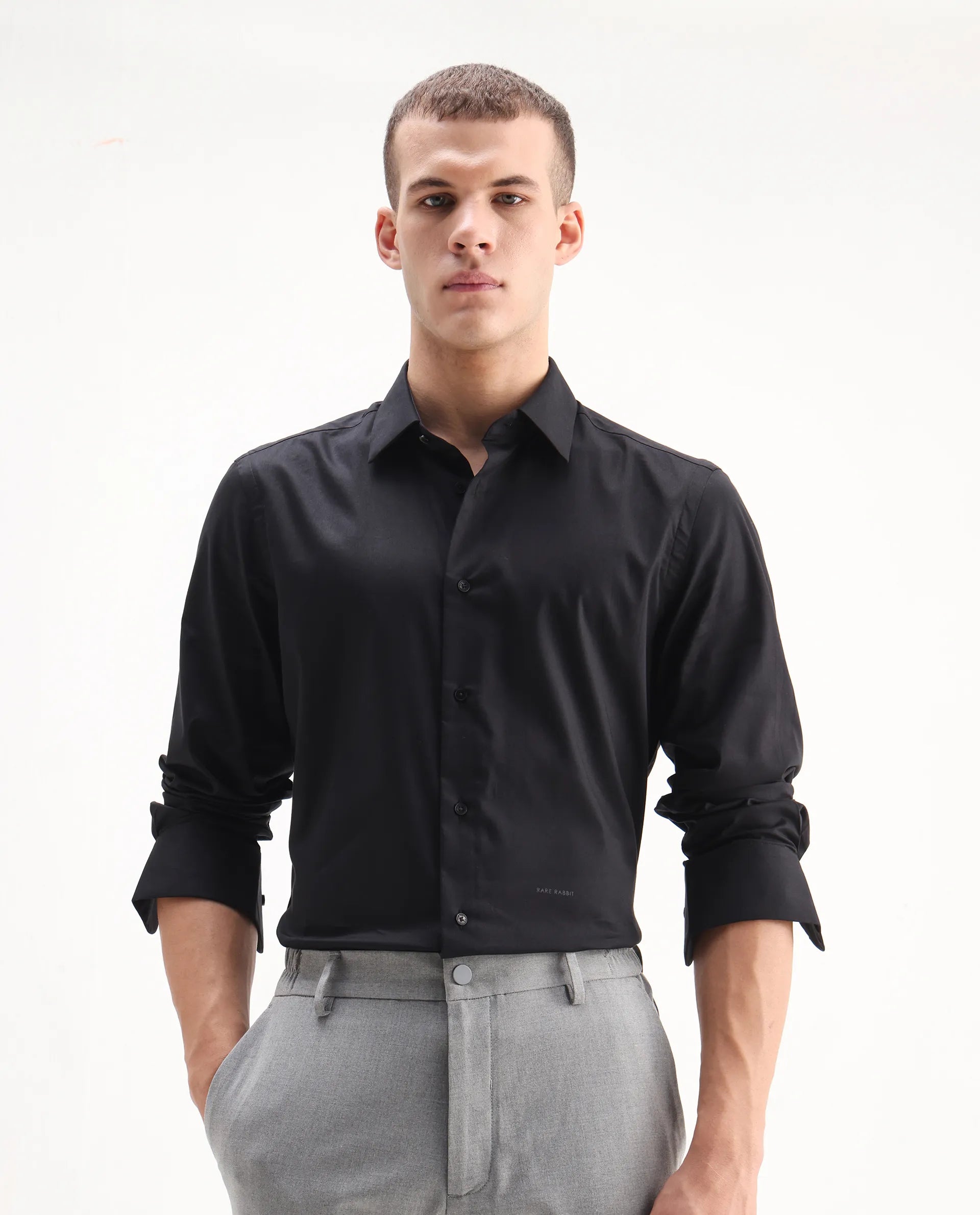 Rare Rabbit Men's Newton 25 Black Cotton Blend Plain Regular Fit Full Sleeve Collared Shirt