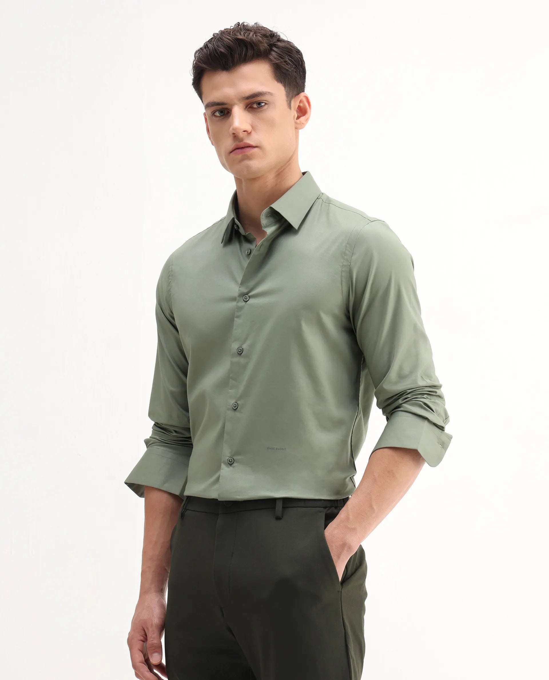 Rare Rabbit Men's Newton 25 Olive Cotton Blend Plain Regular Fit Full Sleeve Collared Shirt
