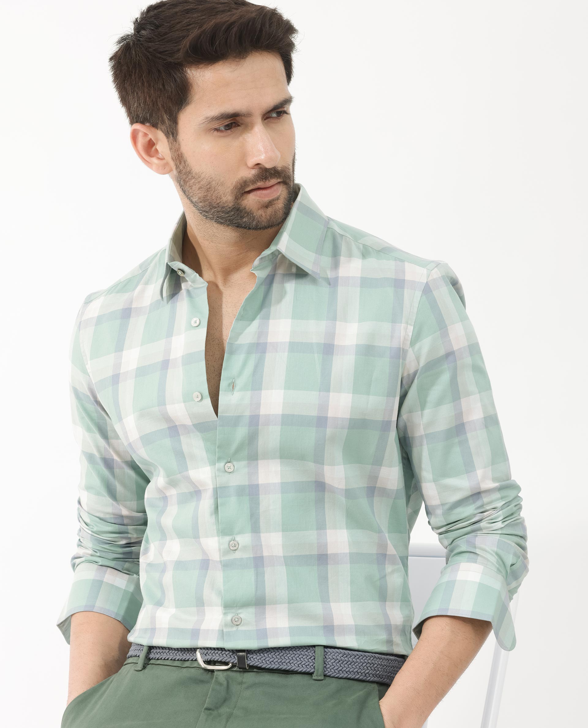 Rare Rabbit Men's Nexi Dusky Green Cotton Full Sleeve Checks Shirt