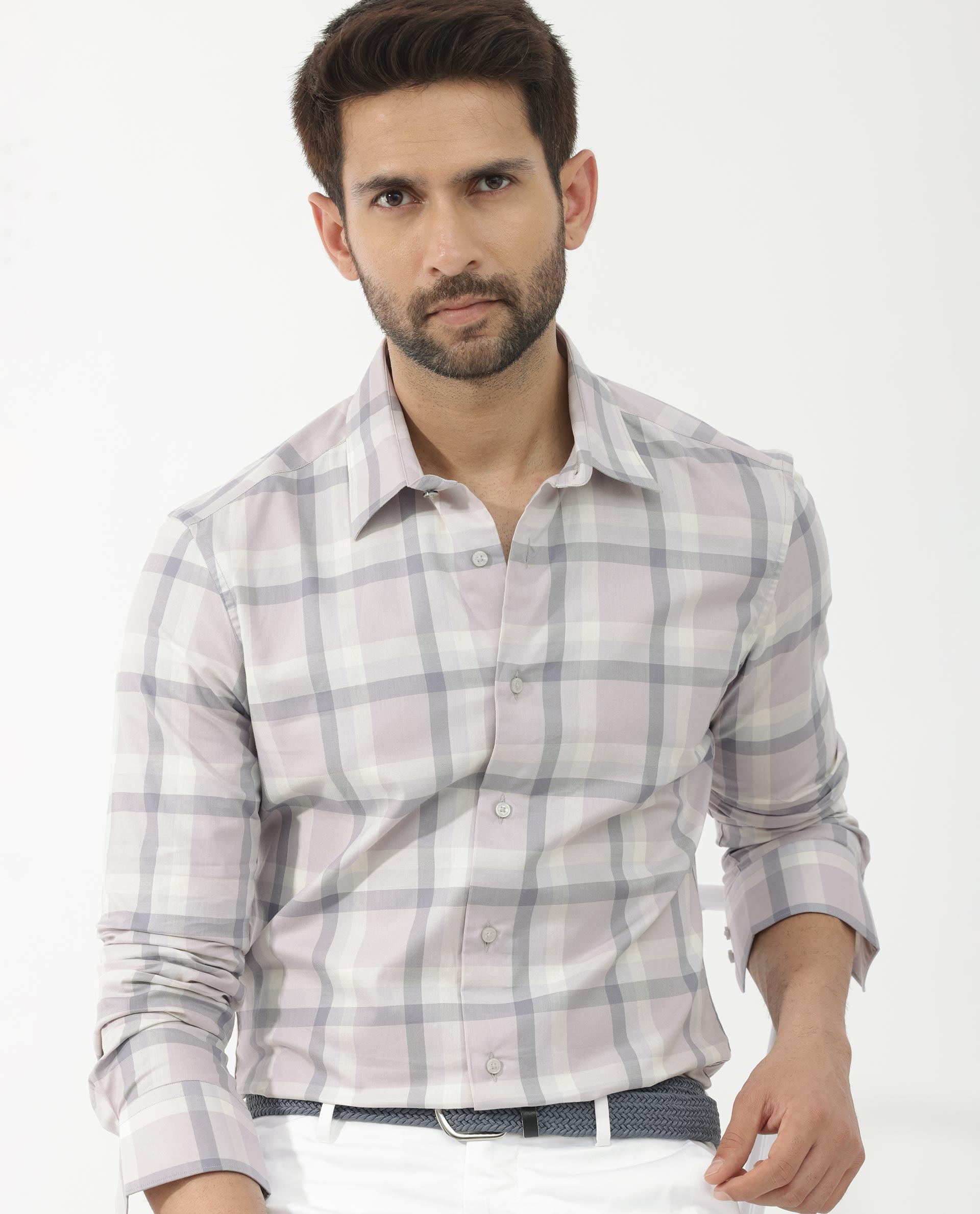 Rare Rabbit Men's Nexi Dusky Purple Cotton Full Sleeve Checks Shirt