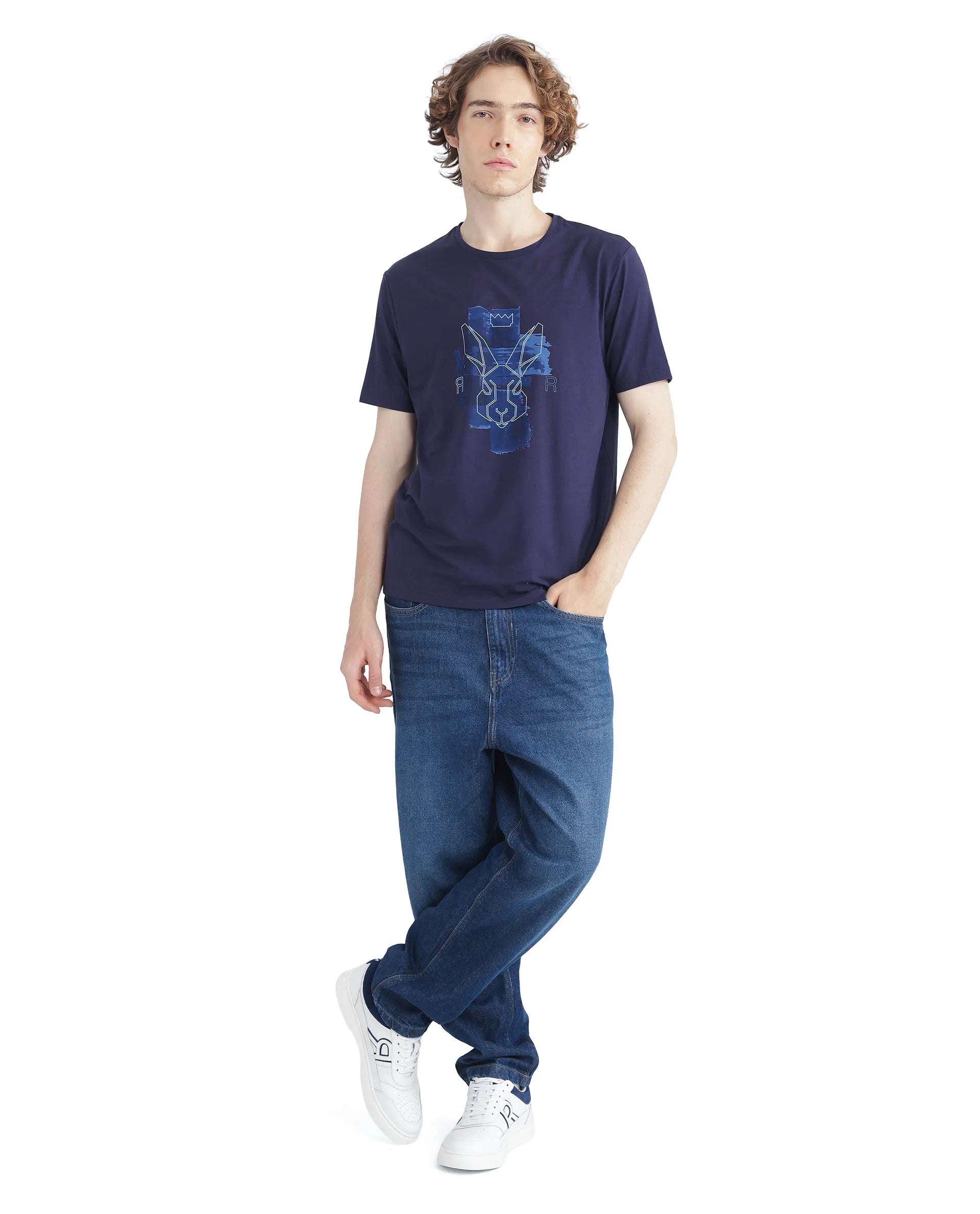 Rare Rabbit Men Nexi Blue Cotton Blend Fabric Short Sleeve Crew Neck HD Print Logo T-Shirt