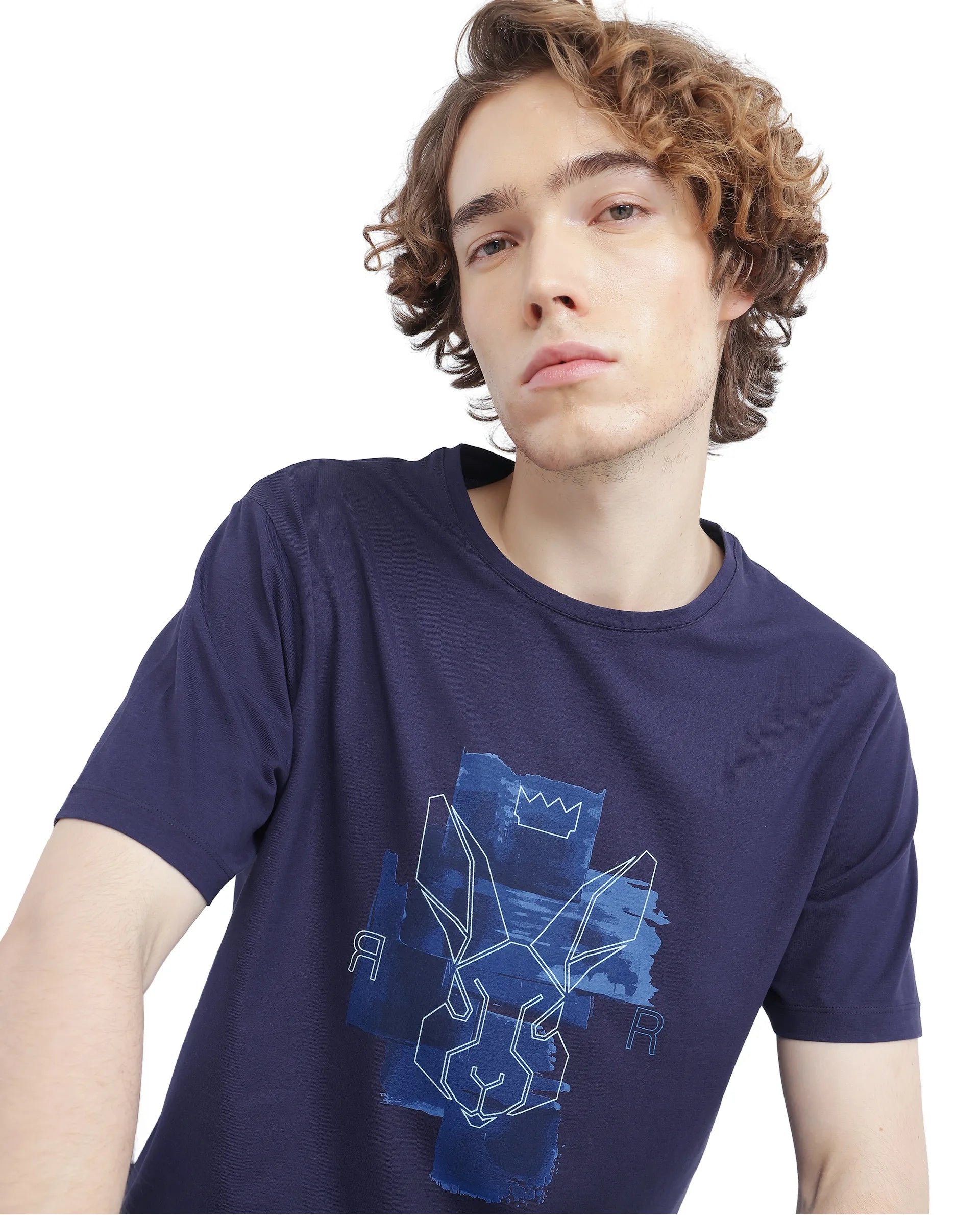 Rare Rabbit Men Nexi Blue Cotton Blend Fabric Short Sleeve Crew Neck HD Print Logo T-Shirt