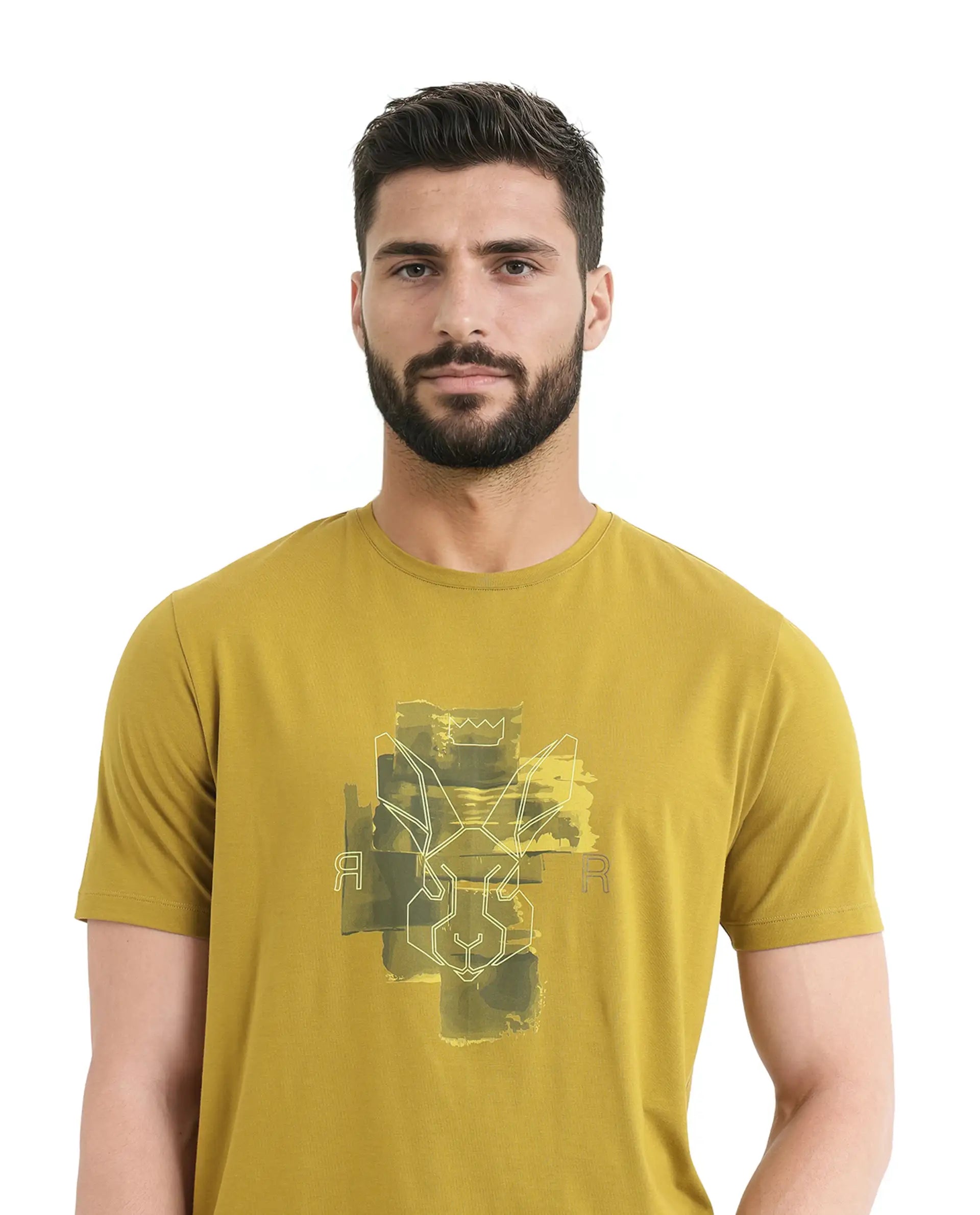 Rare Rabbit Men Nexi Olive Cotton Blend Fabric Short Sleeve Crew Neck HD Print Logo T-Shirt