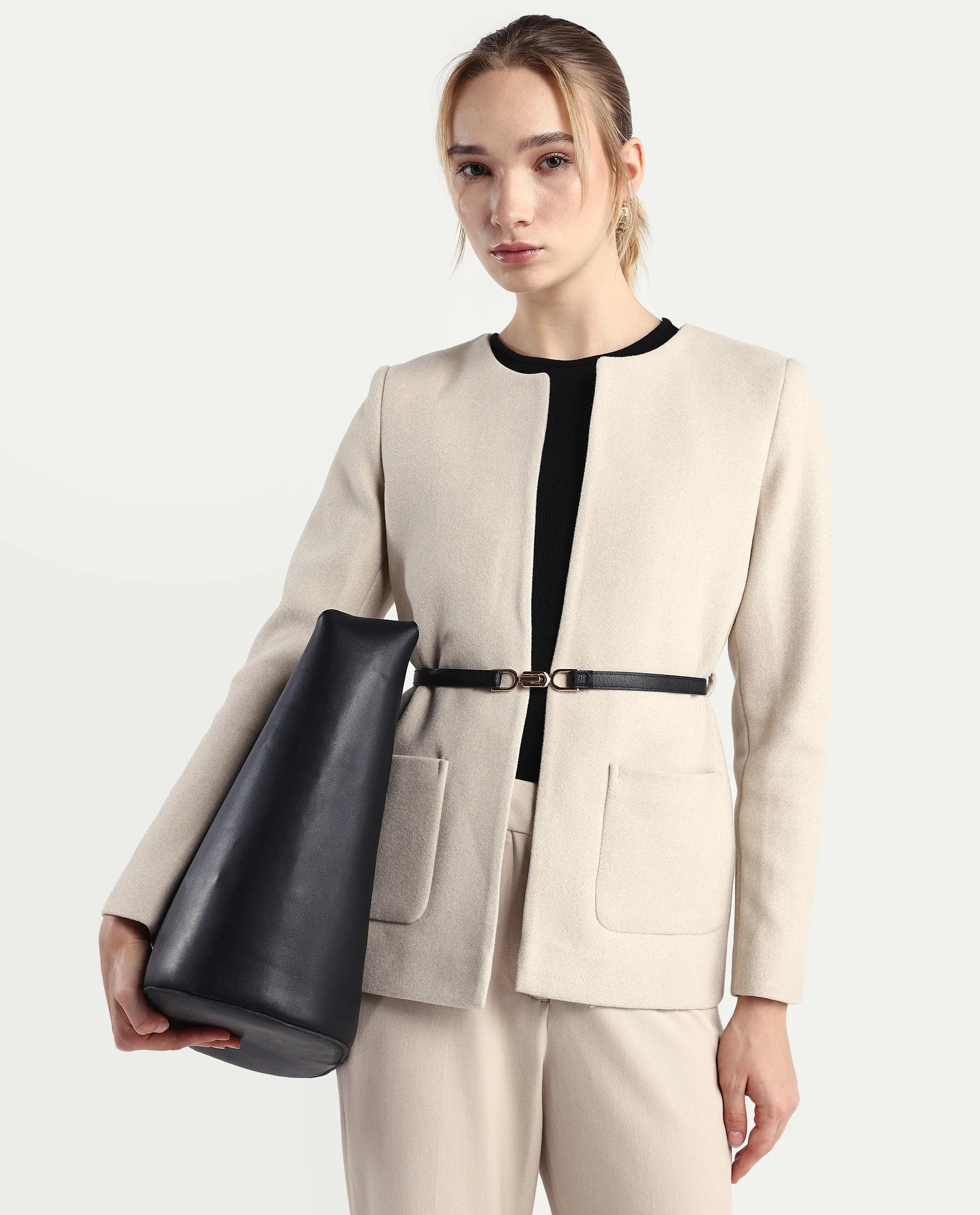 Rareism Women's Nexmar Off White Polyester Blend Jacket Plain Jacket