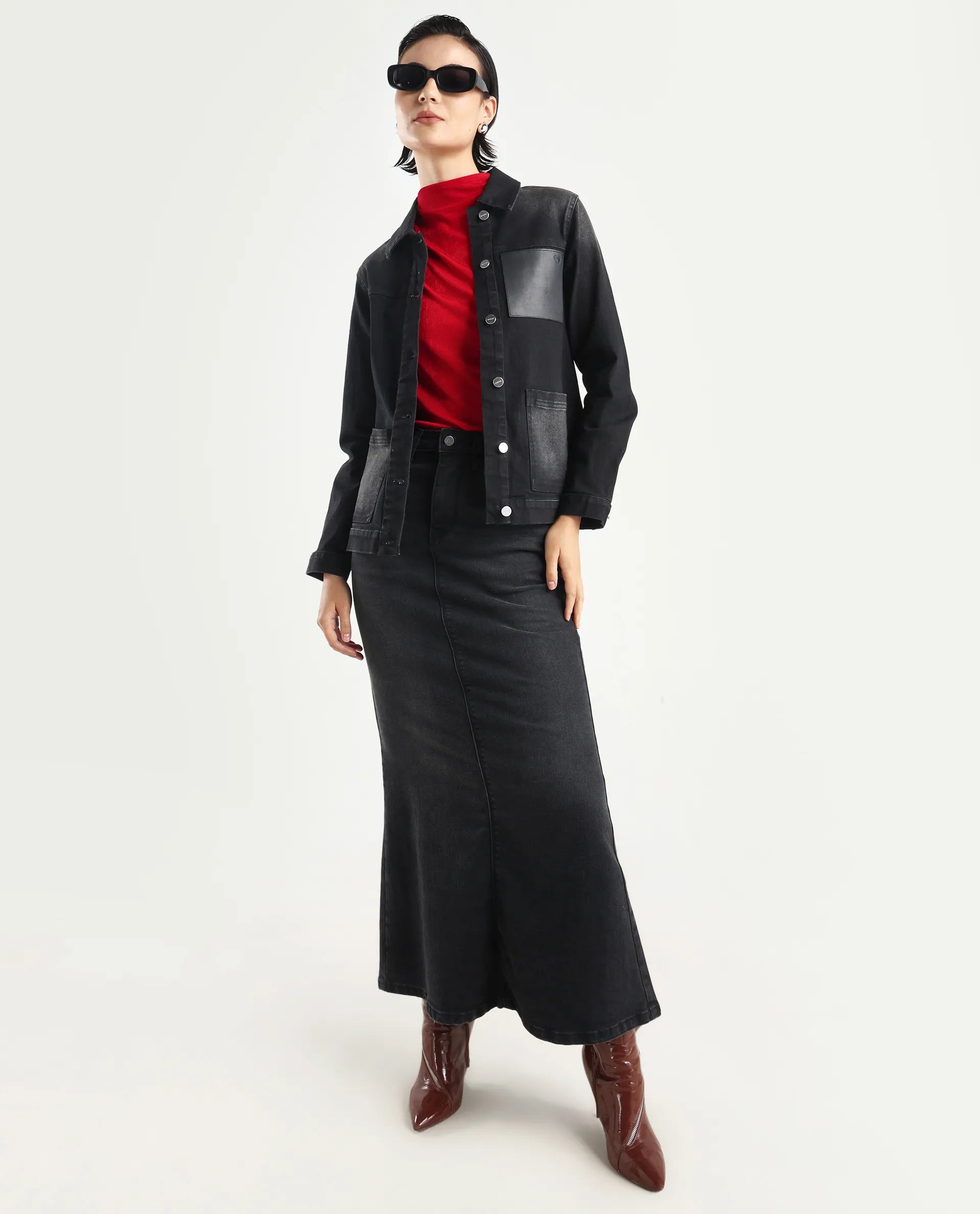 Rareism Women's Nexus Black Cotton Blend Spread Collar Plain Cuffed Sleeve Boxy Fit Jacket