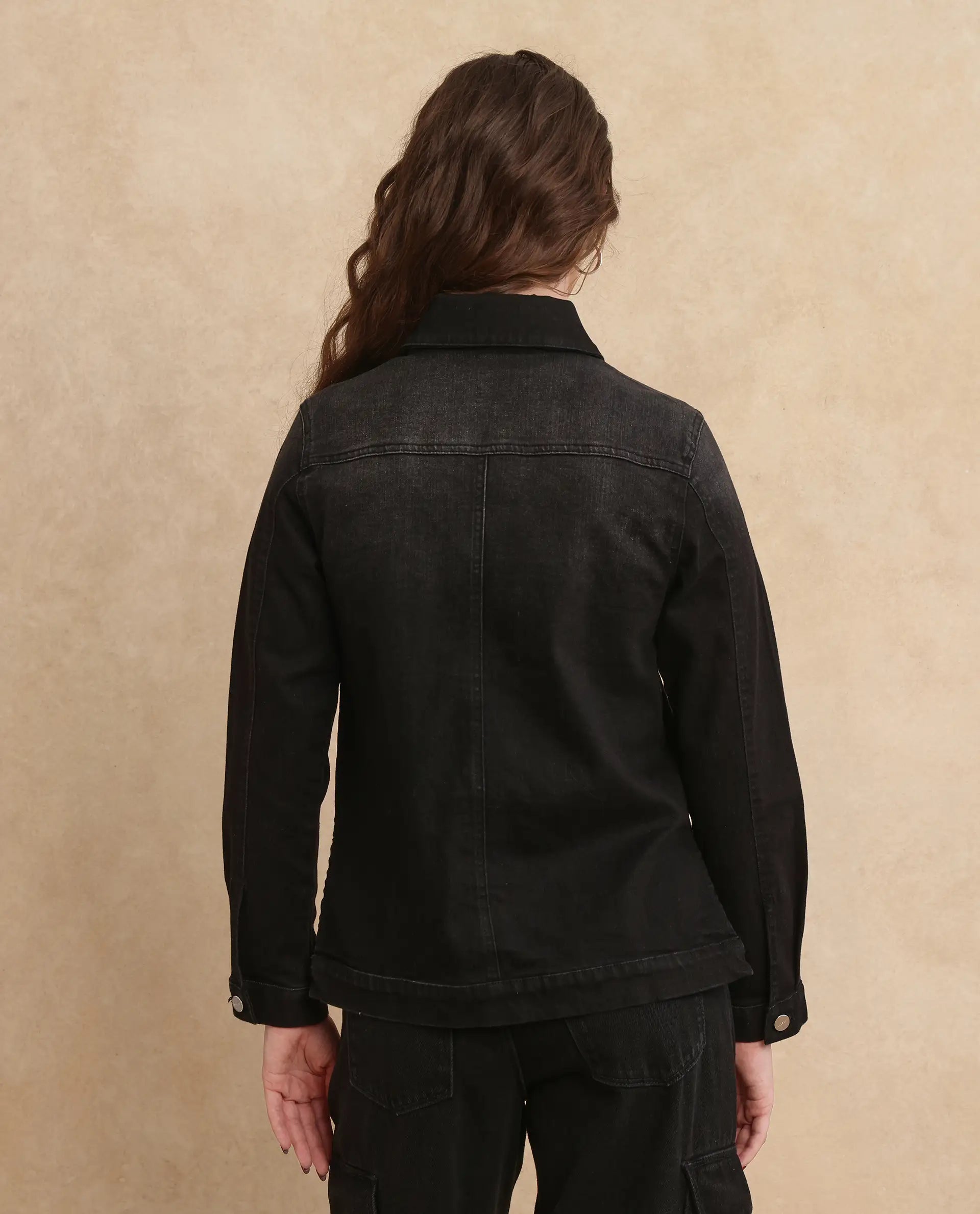 Rareism Women Nexus Black Cotton Polyester Fabric Full Sleeve Collared Neck Boxy Fit Plain Jacket