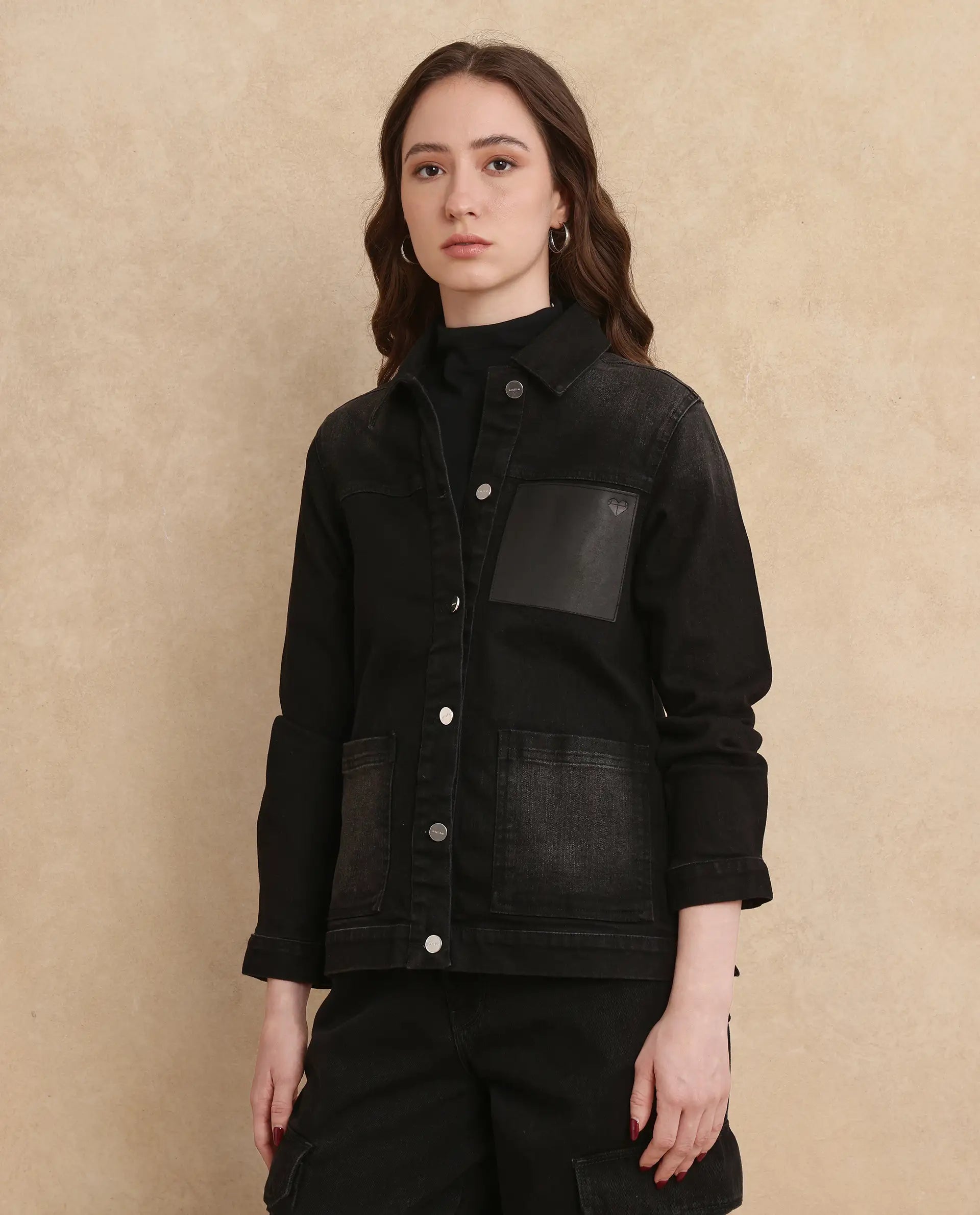 Rareism Women Nexus Black Cotton Polyester Fabric Full Sleeve Collared Neck Boxy Fit Plain Jacket