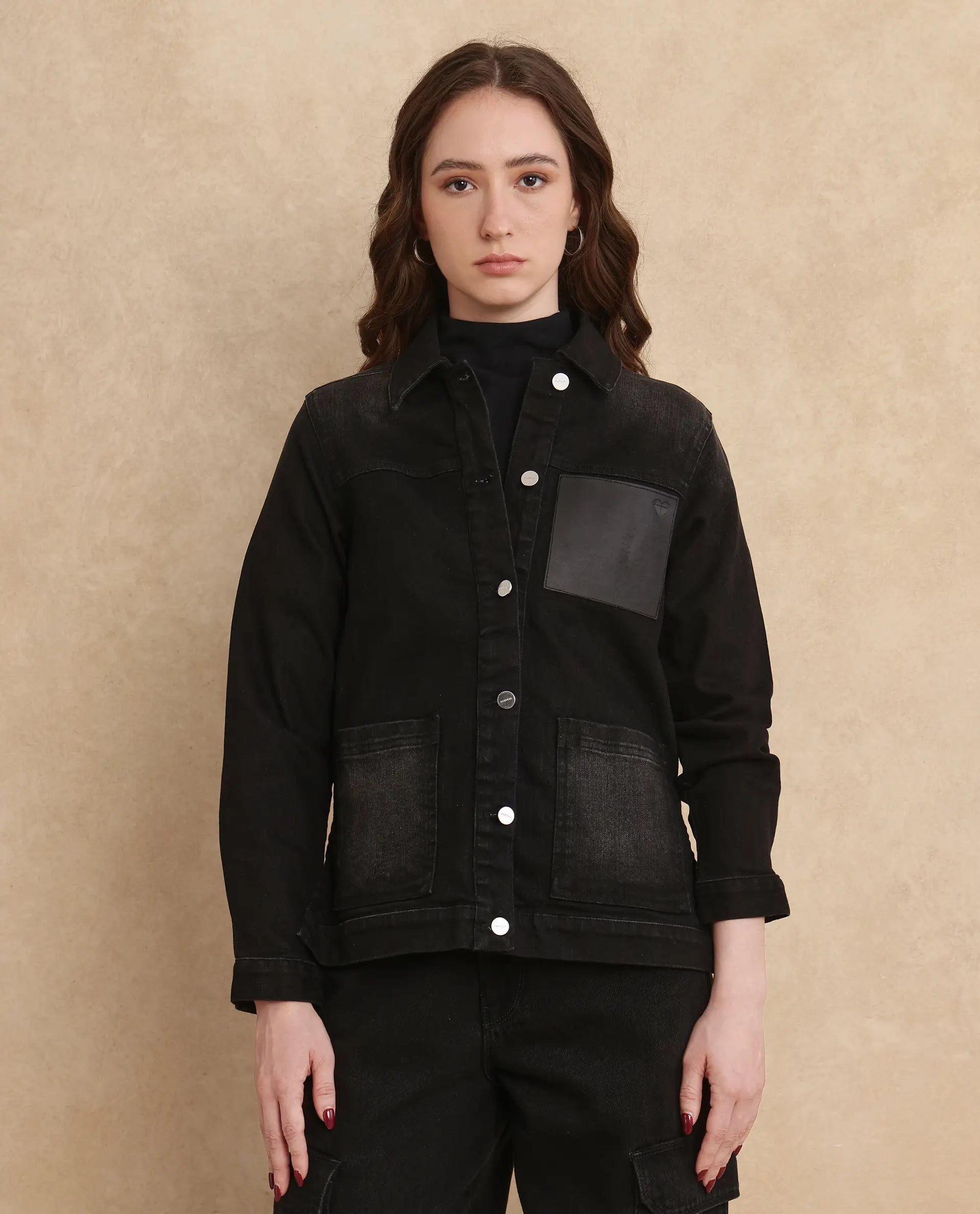 Rareism Women Nexus Black Cotton Polyester Fabric Full Sleeve Collared Neck Boxy Fit Plain Jacket