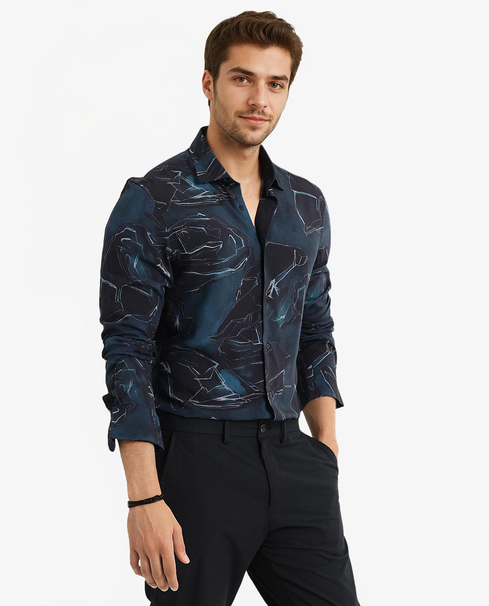 Rare Rabbit Men Nexus Dark Teal Viscose Fabric Full Sleeve Regular Fit Abstract Print Shirt
