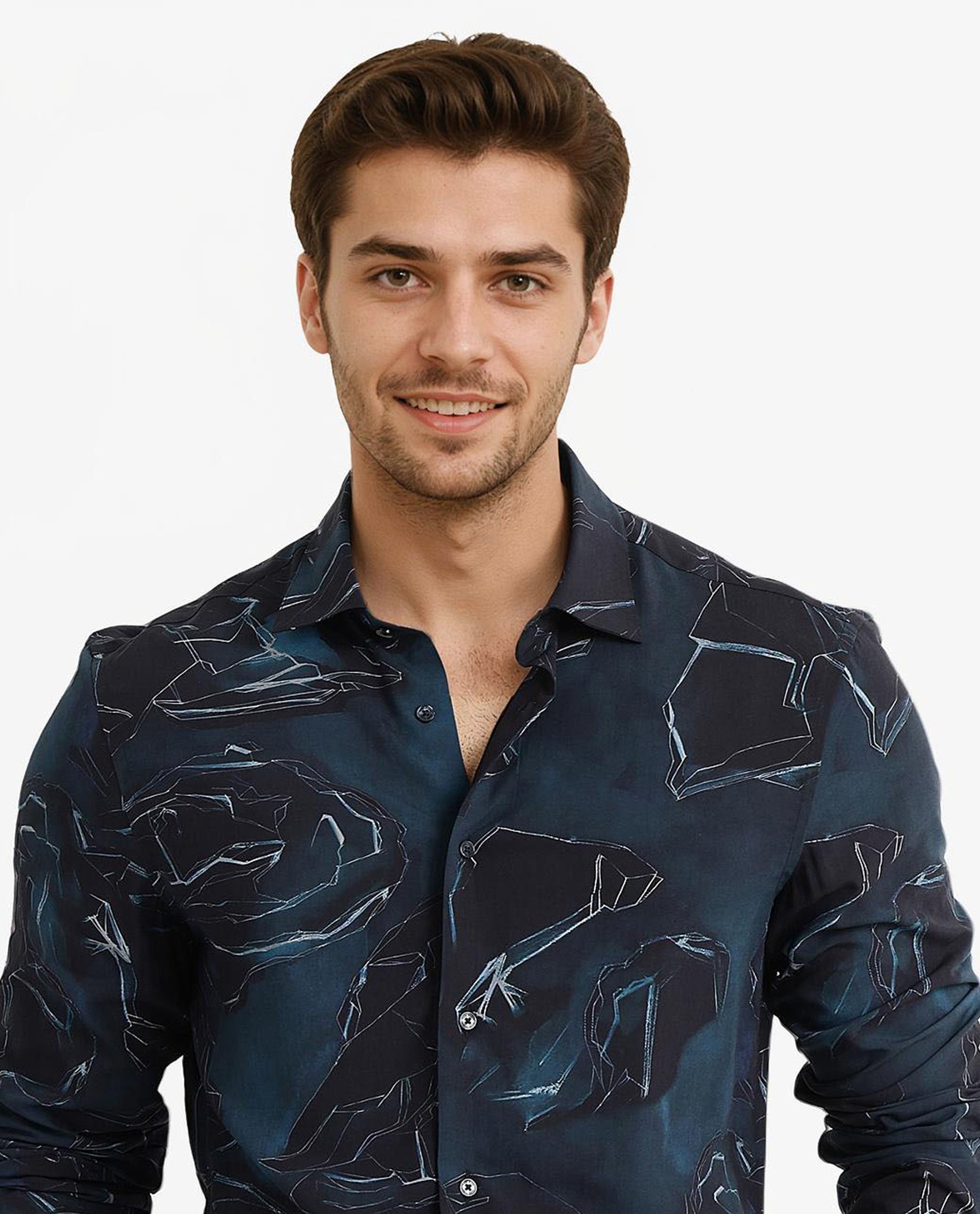 Rare Rabbit Men Nexus Dark Teal Viscose Fabric Full Sleeve Regular Fit Abstract Print Shirt