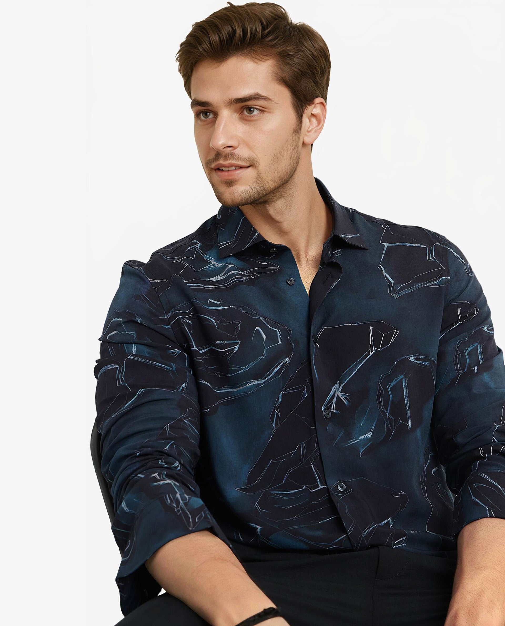 Rare Rabbit Men Nexus Dark Teal Viscose Fabric Full Sleeve Regular Fit Abstract Print Shirt