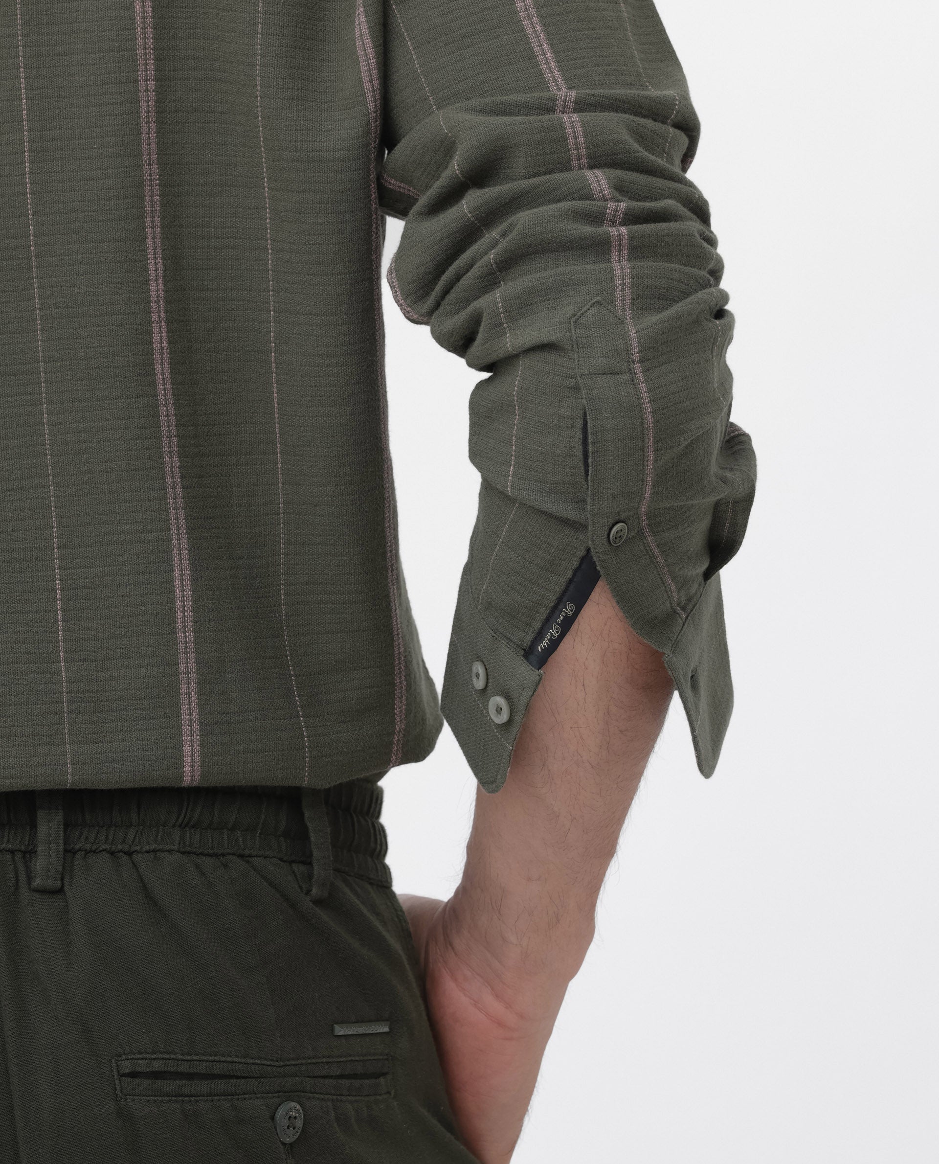 Rare Rabbit Mens Nico Olive Full Sleeve Cotton Fabric Stripe Print Shirt