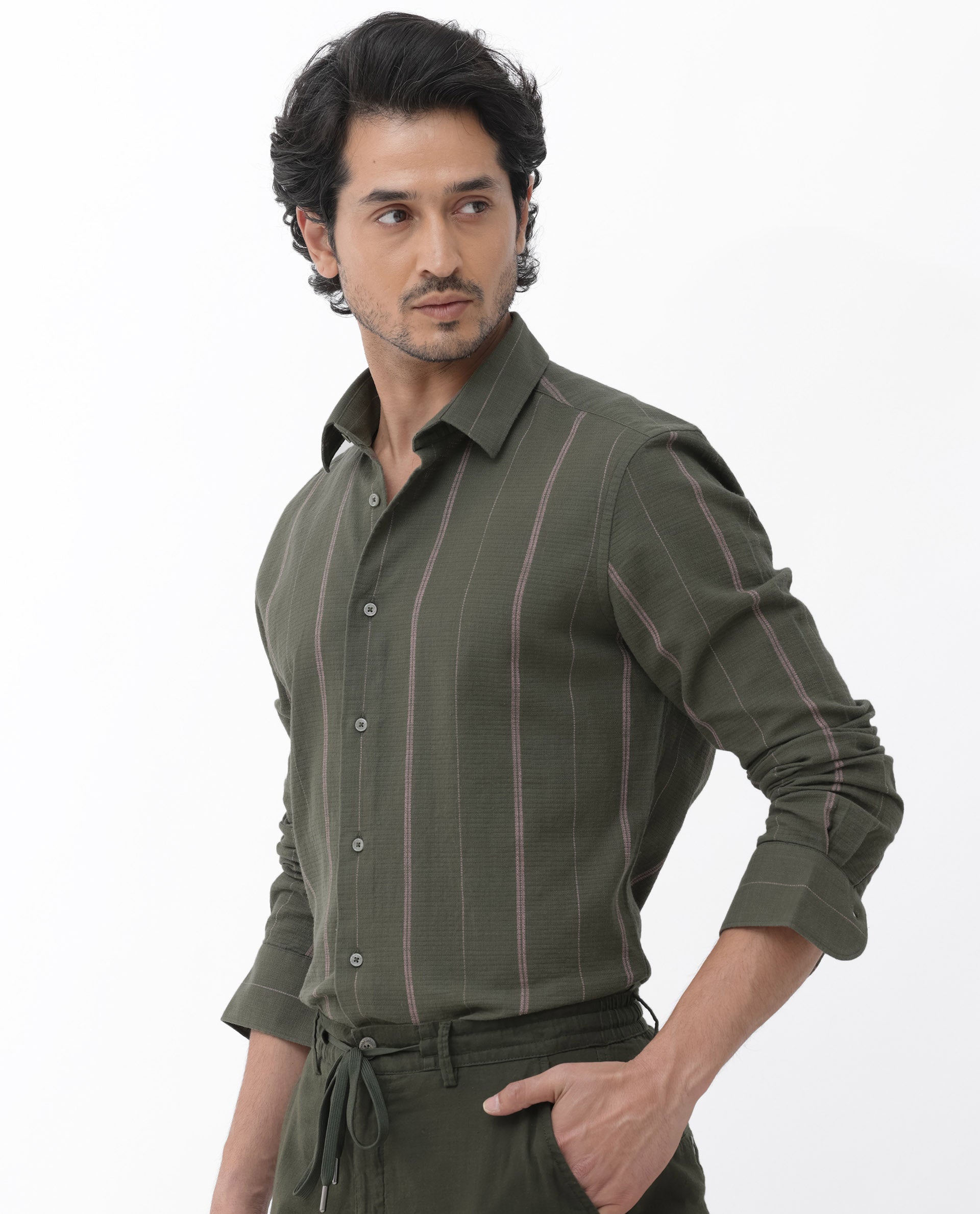 Rare Rabbit Mens Nico Olive Full Sleeve Cotton Fabric Stripe Print Shirt