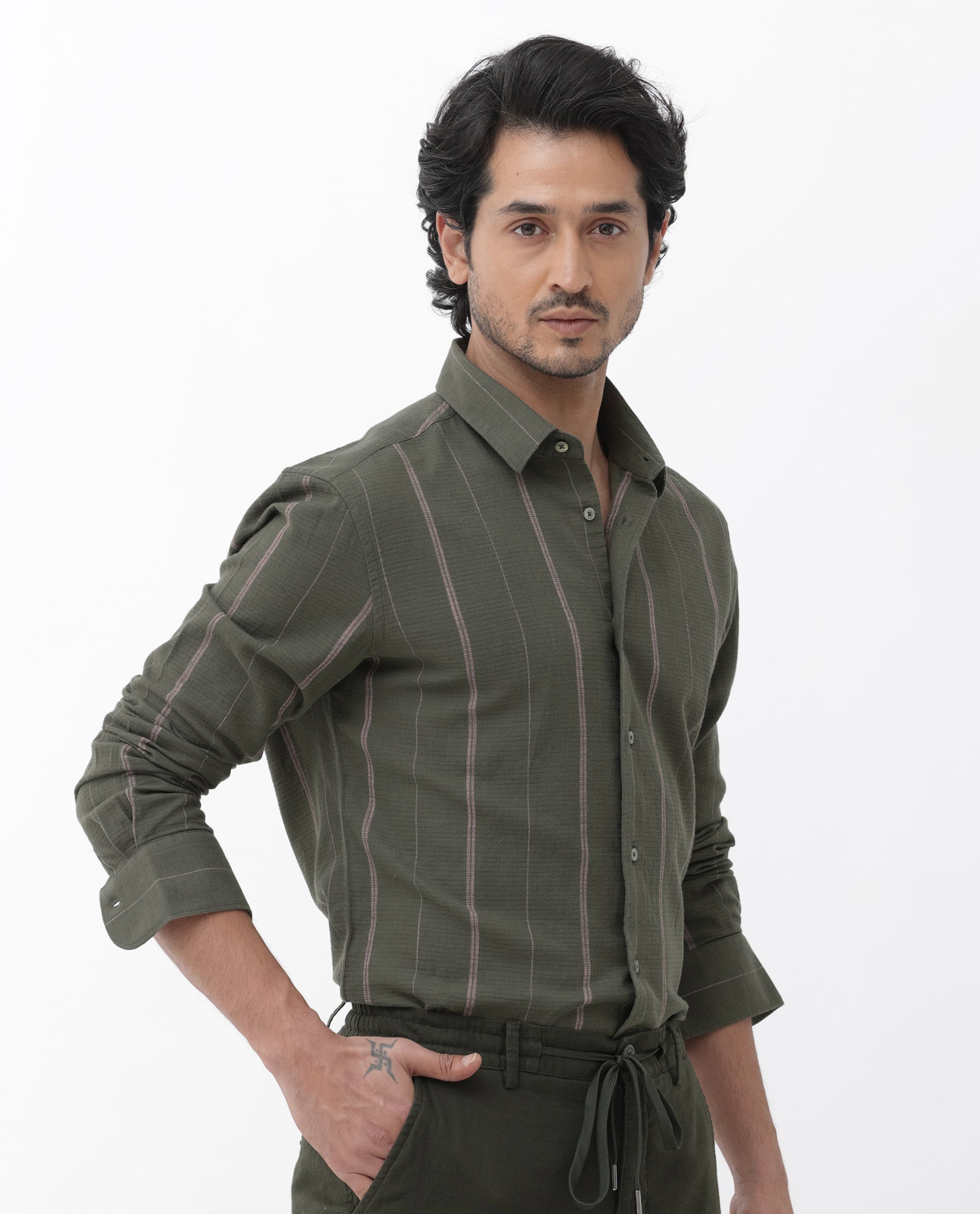 Rare Rabbit Mens Nico Olive Full Sleeve Cotton Fabric Stripe Print Shirt