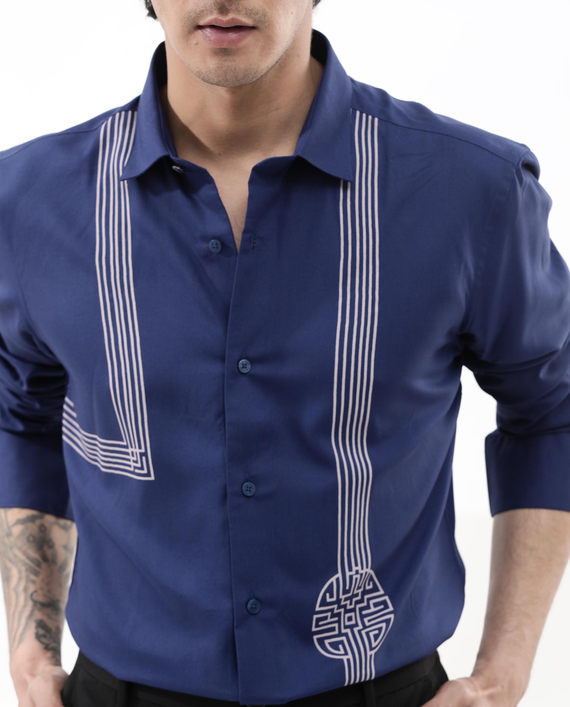 Rare Rabbit Mens Nicol Petrol Viscose Fabric Collared Neck Full Sleeves Button Closure Regular Fit Shirt