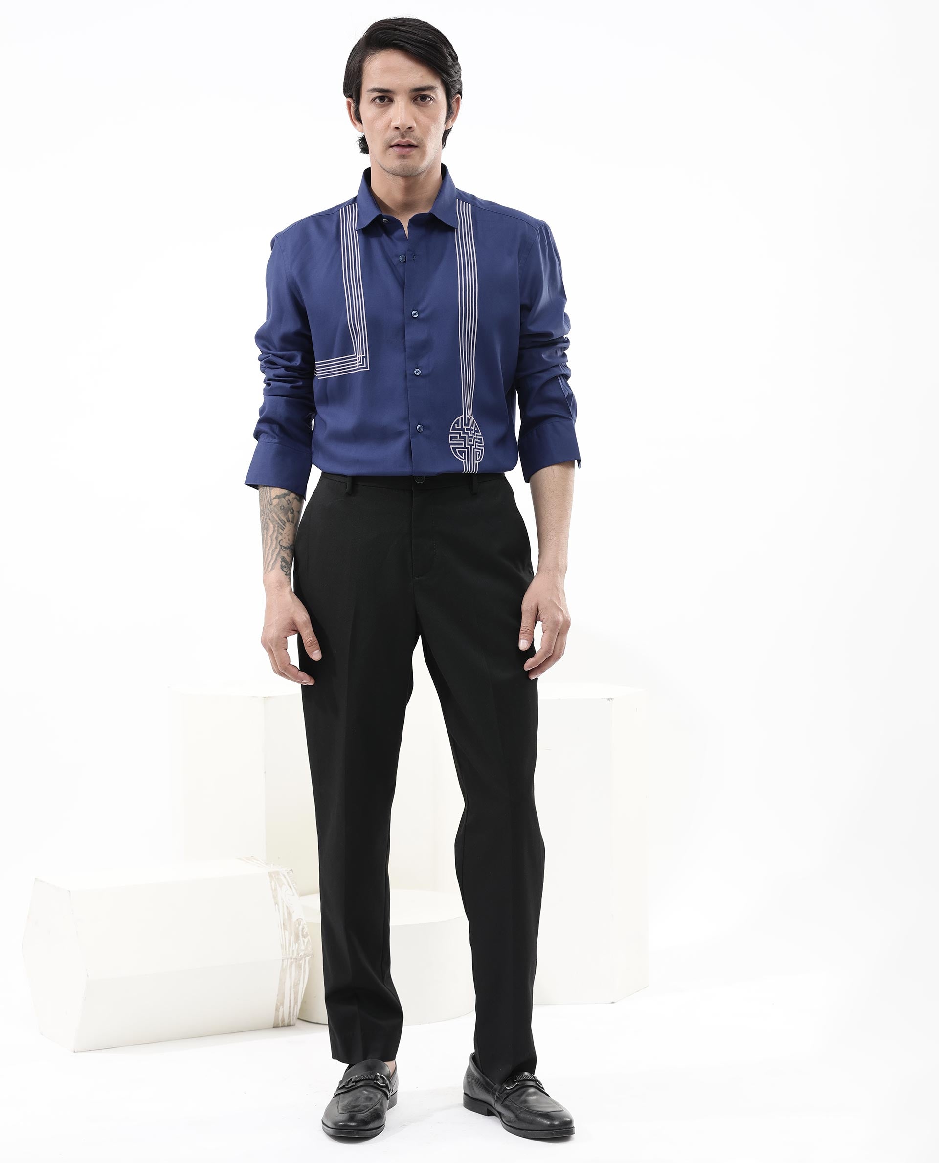 Rare Rabbit Mens Nicol Petrol Viscose Fabric Collared Neck Full Sleeves Button Closure Regular Fit Shirt