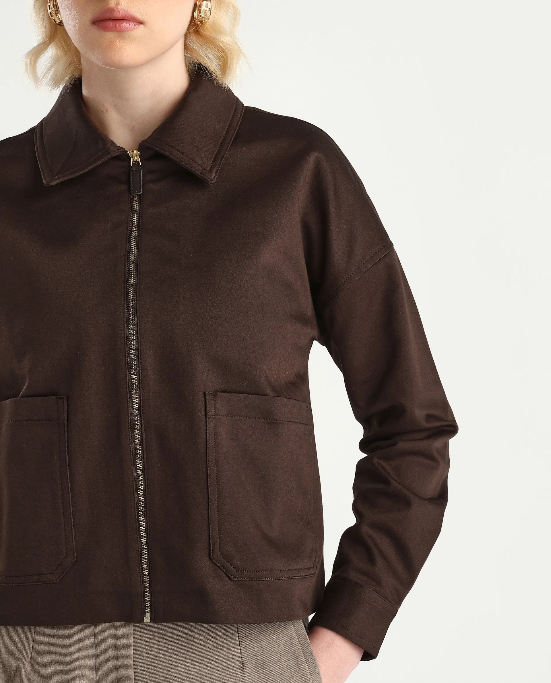 Rareism Women's Nicolin Brown Cotton Blend Spread Collar Relaxed Fit Jacket