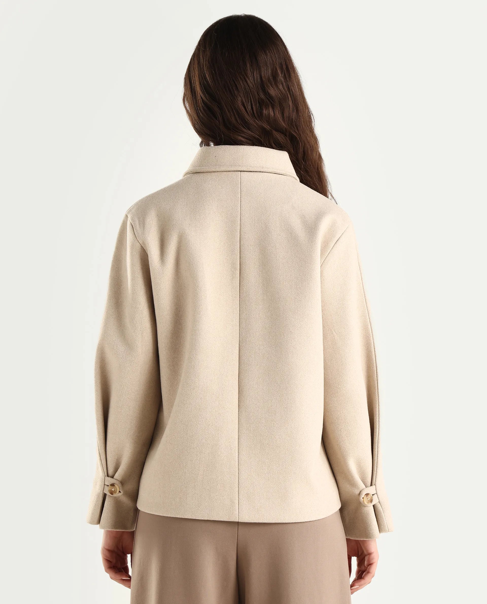 Rareism Women's Nicos Beige Polyester Blend Collared Neck Jacket Plain Jacket