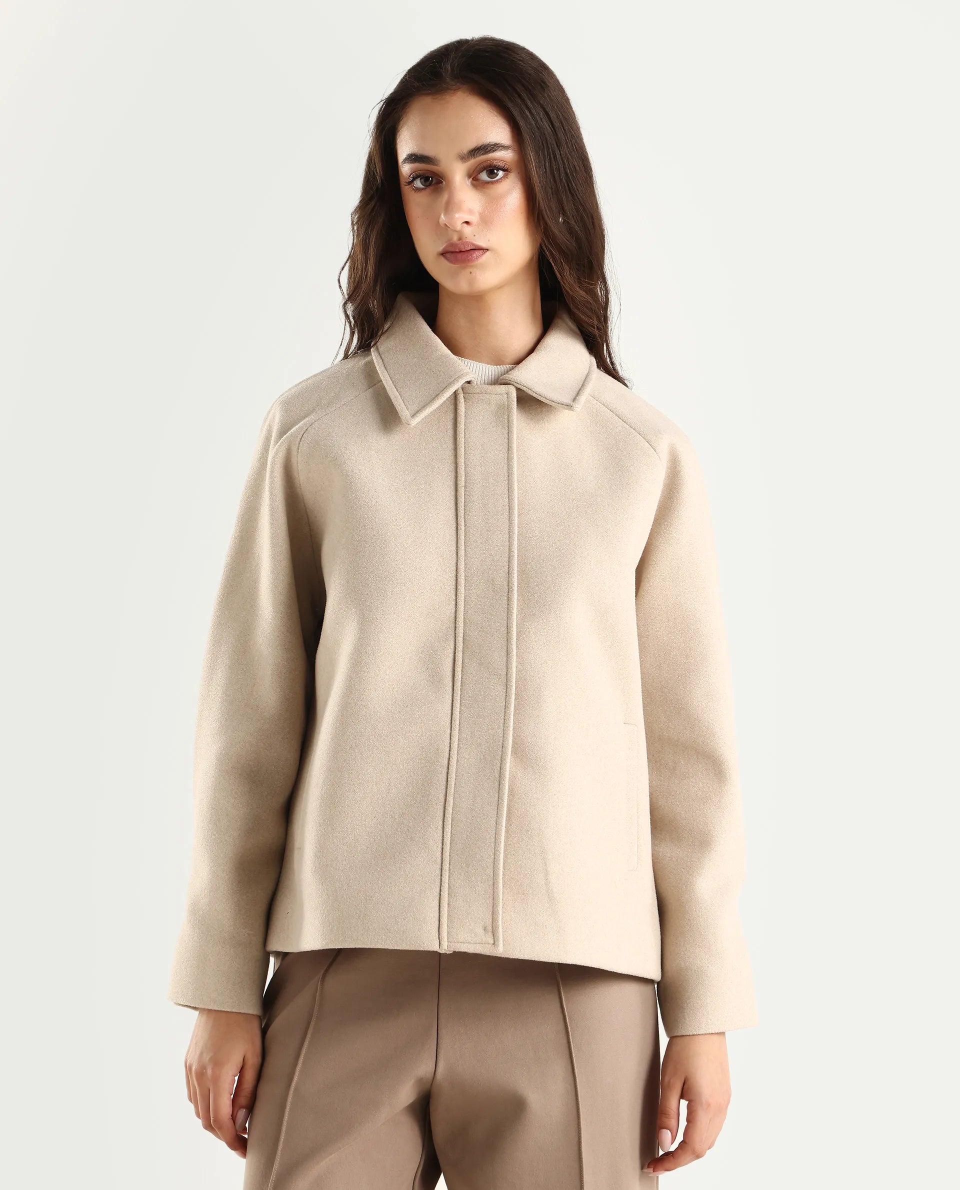 Rareism Women's Nicos Beige Polyester Blend Collared Neck Jacket Plain Jacket