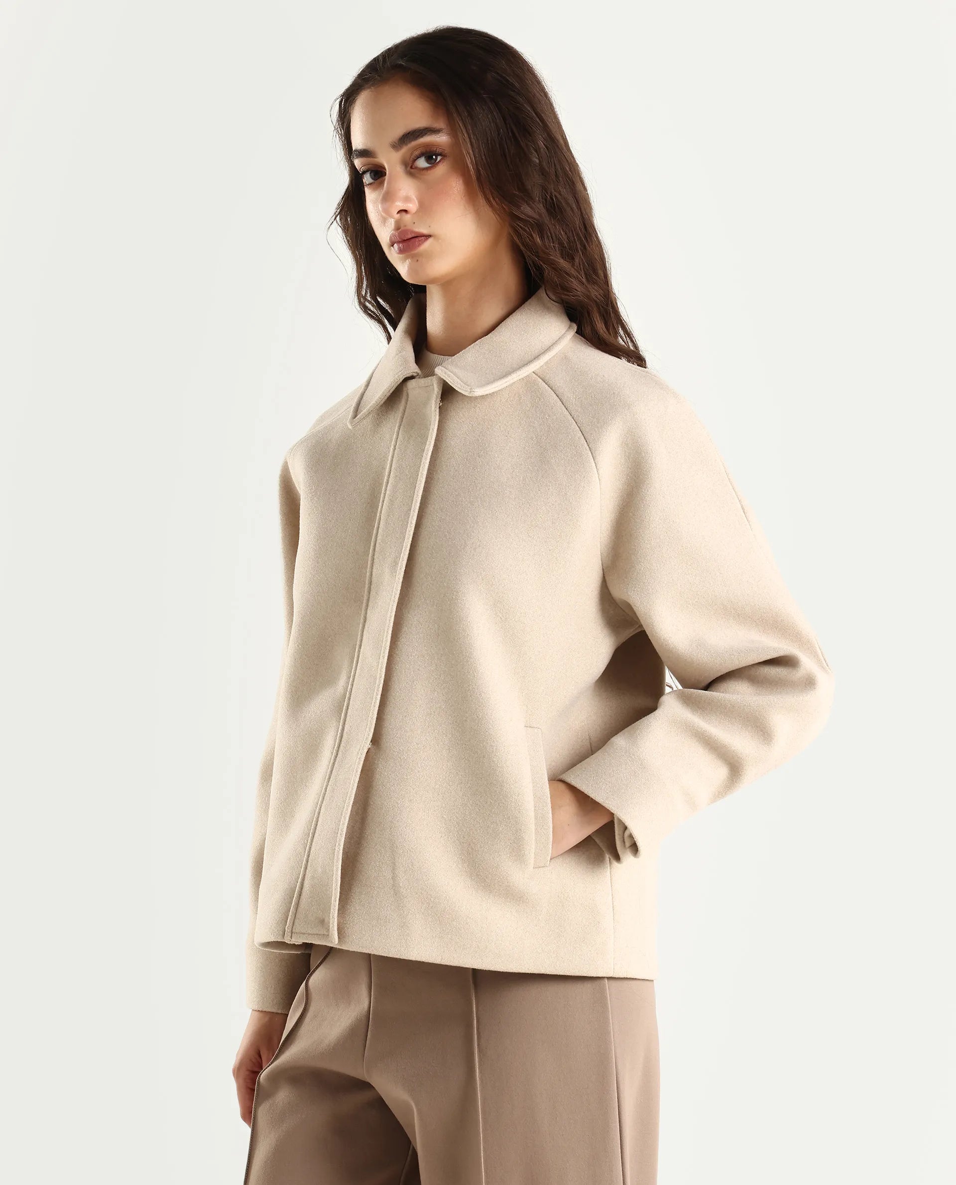 Rareism Women's Nicos Beige Polyester Blend Collared Neck Jacket Plain Jacket