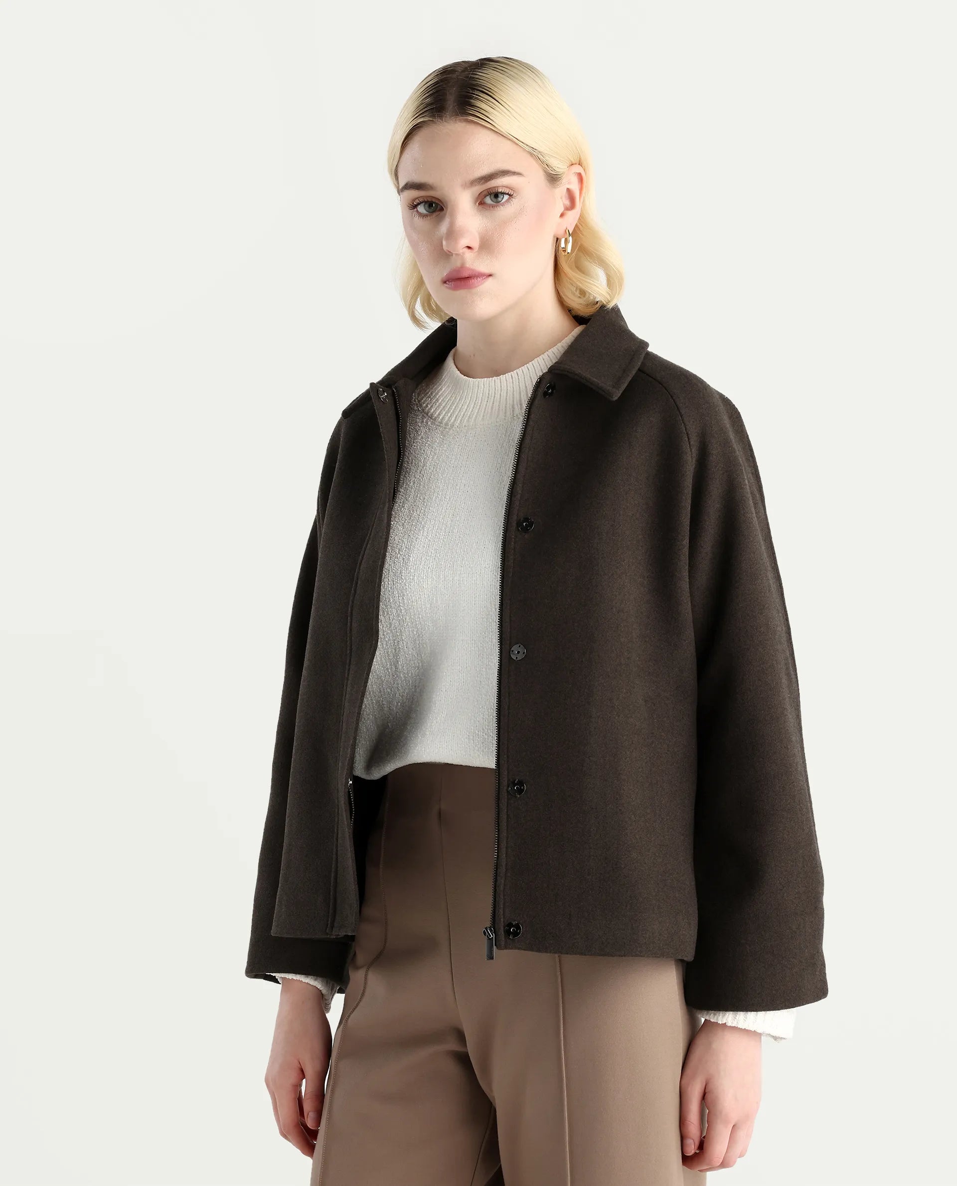 Rareism Women's Nicos Coffee Polyester Blend Collared Neck Jacket Plain Jacket